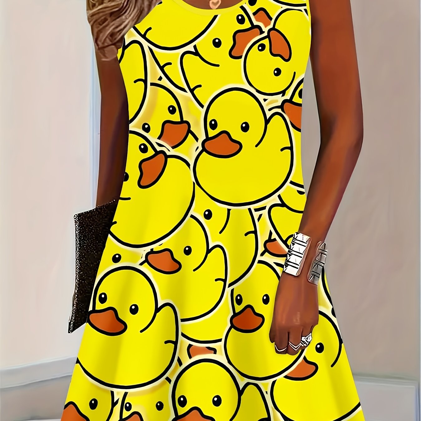 TEMU A New Stylish Women's Dress - Cute Cartoon Duck Print Sleeveless Dress For Women, Perfect For Casual Summer And Beach Vacations - Machine