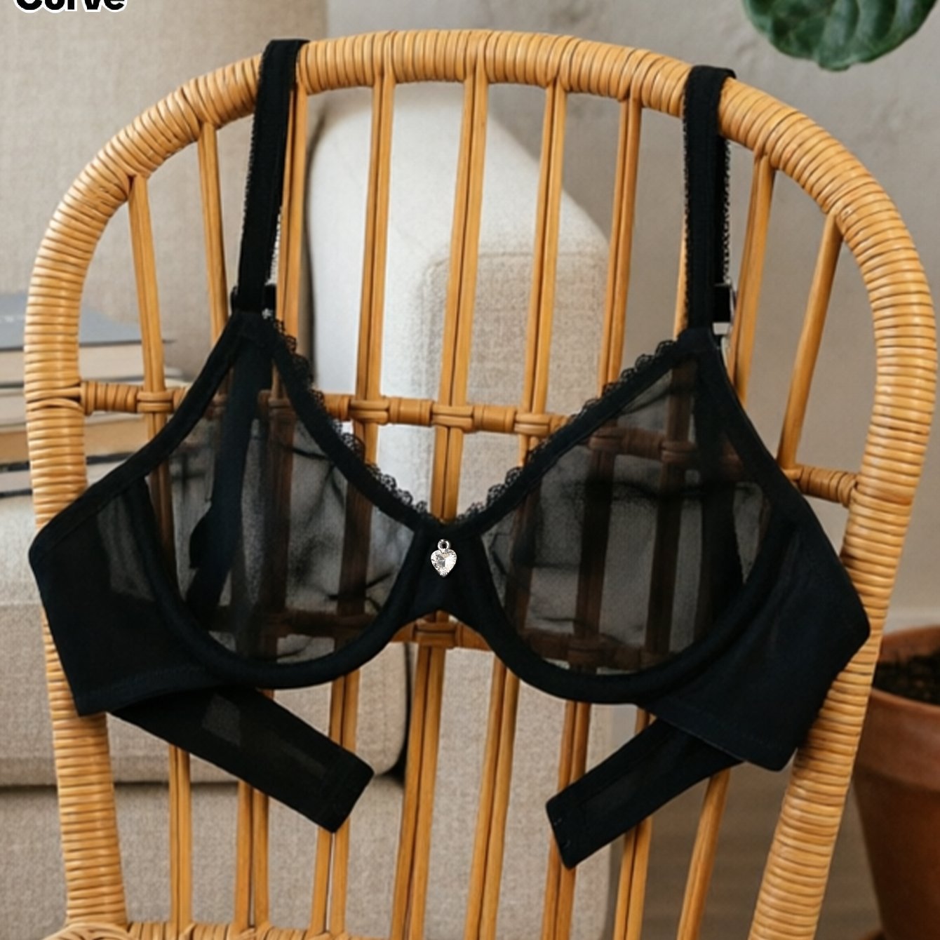 TEMU Women's Plus Size Underwire Push-up Mesh Sheer Bra, Rhinestone Bow Decor Elastic Breathable Skin-friendly Soft Sexy Lingerie