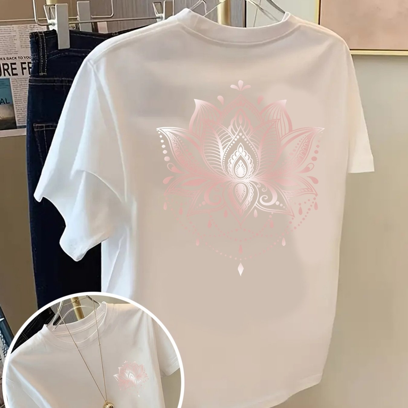 TEMU 【商品名】フロント＆バックの花柄プリントが特徴的な半袖トップス。ロータスデザインが魅力。カジュアルなシャツは、快適でなレディースアイテム。簡単でファッショナブルなスタイルを演出。