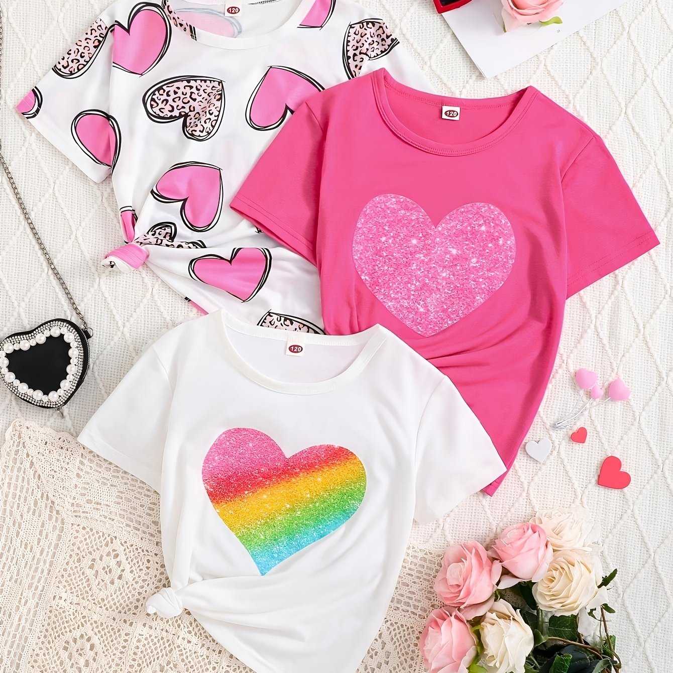 T-shirt 3-pc, Heart Print Top, Suitable For Daily Wear