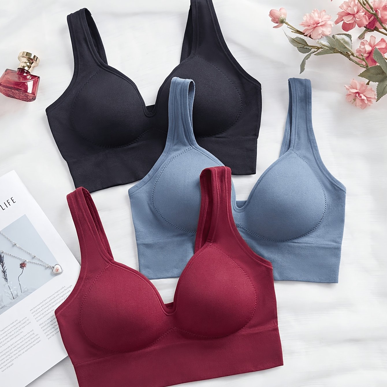 TEMU 3pcs Set Of Comfortable Bras For Women, Wide Straps V-neck High-elastic Gathering Breathable Seamless Bra, Suitable For Daily Inner Wear And