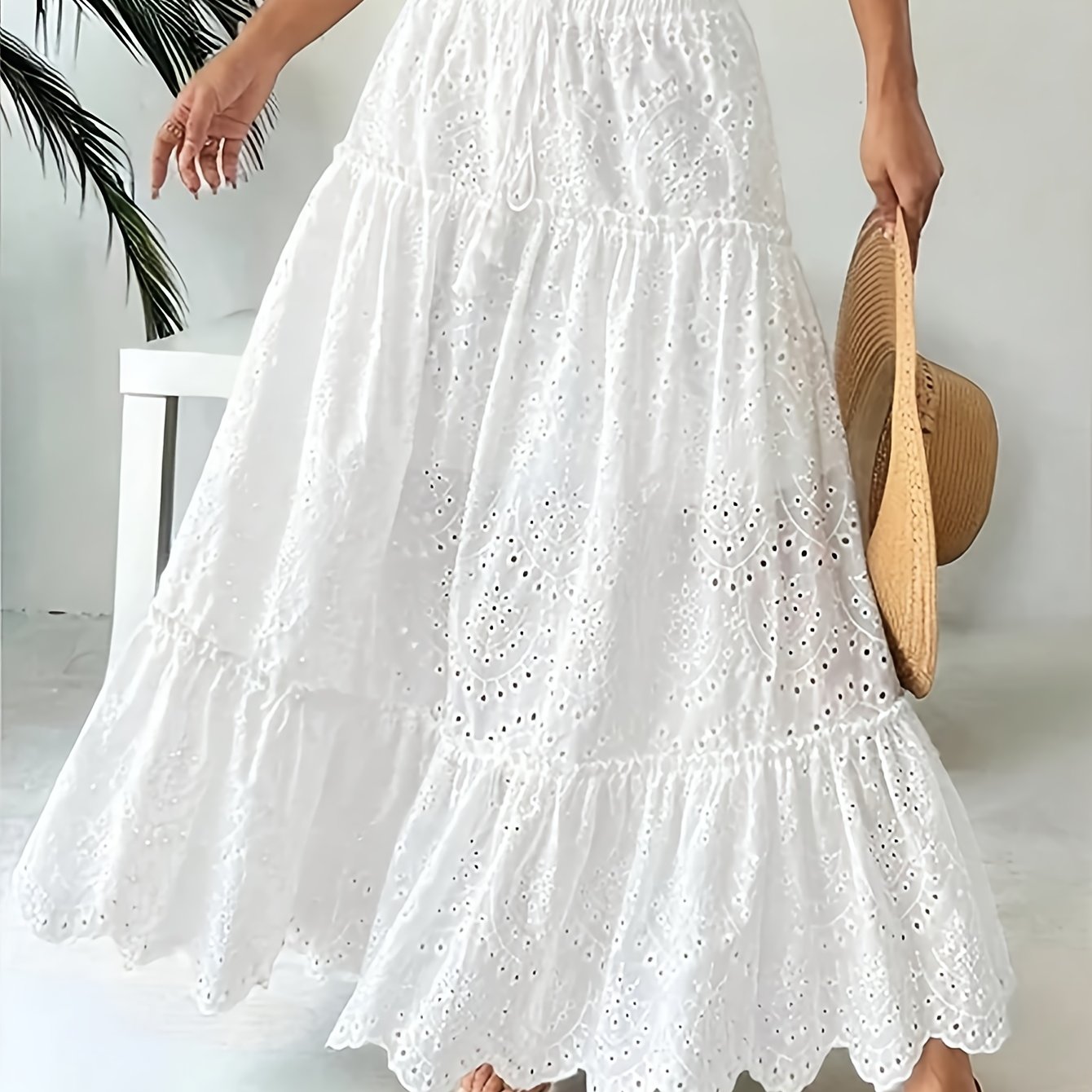 TEMU Women's Elegant Floral Lace Maxi Skirt With Drawstring Waist - White Tiered Hem, Perfect For Spring/summer/fall, Versatile For Casual Or Formal