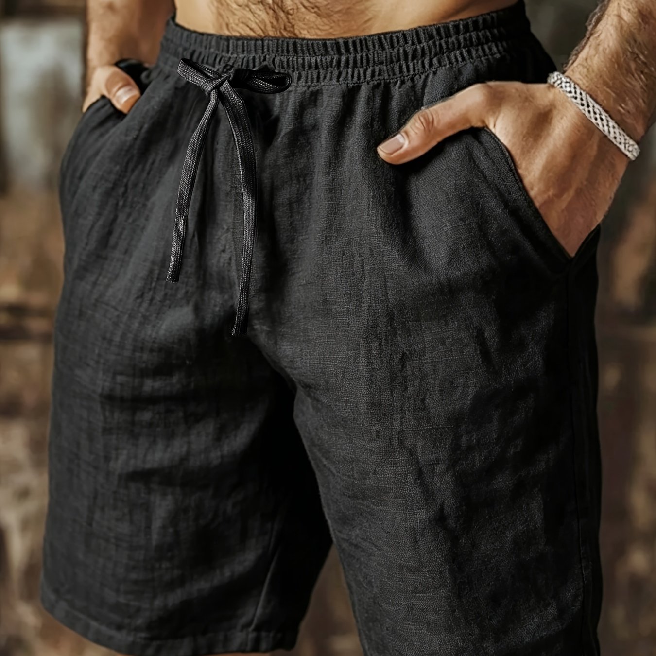 TEMU Men's Linen Athletic Shorts With Pockets, Drawstring Waistband, Ideal For Summer Beach And Casual Wear, Outdoor Beach Bermuda Shorts Quick-dry