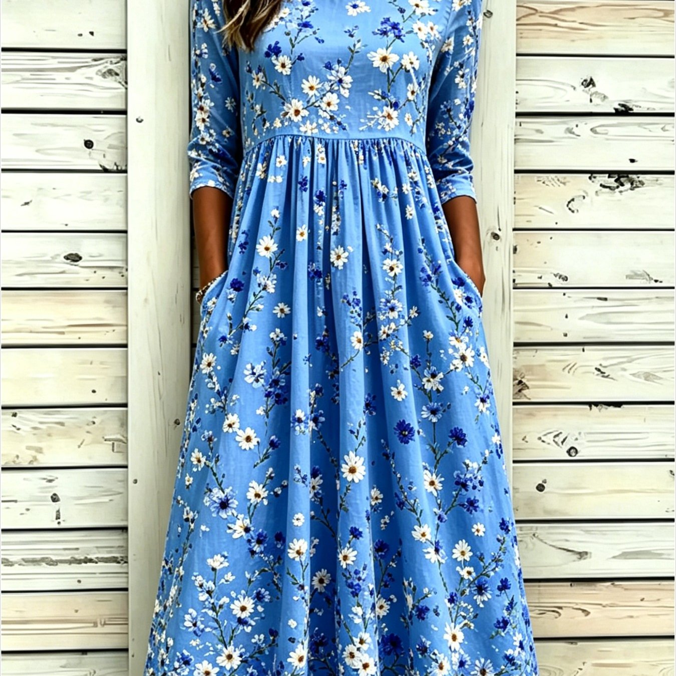 Women's Floral-print Round-neck Pocket Casual Midi Dress