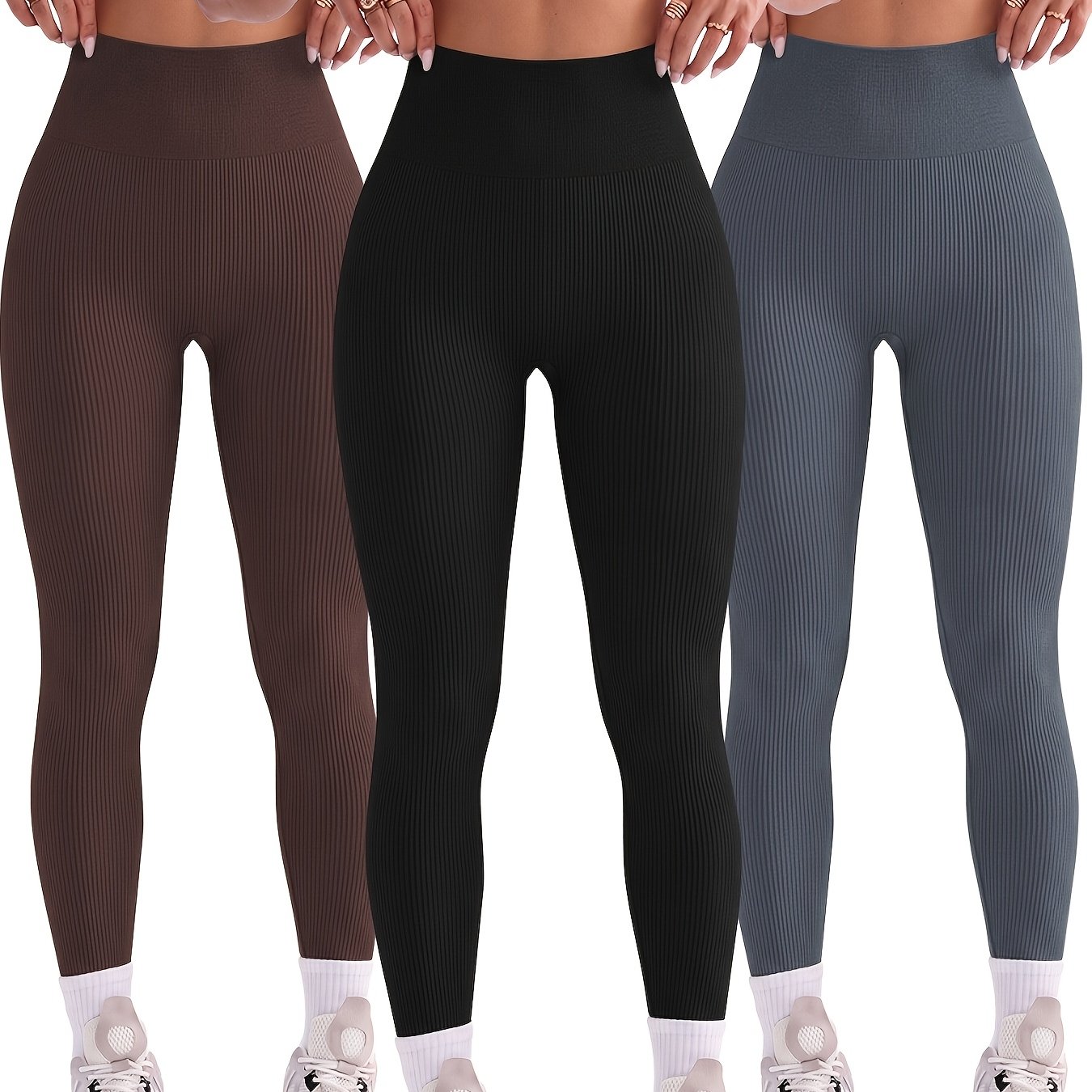 TEMU Three-pack Women's Ribbed Long Pants For Sports, Cycling, And Yoga