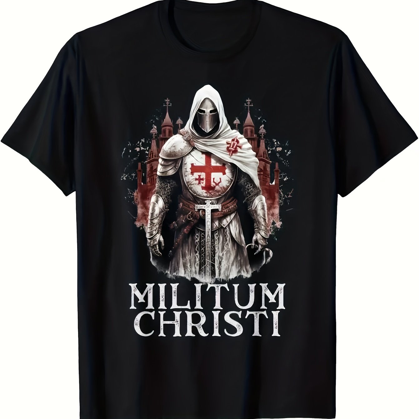 Image of 10pcs Men's Medieval Templar T-shirts - 's Emblem & Latin Text, Loose Fit Short Sleeve Casual Tees For Renaissance , Historical Costume Parties, Plus Size