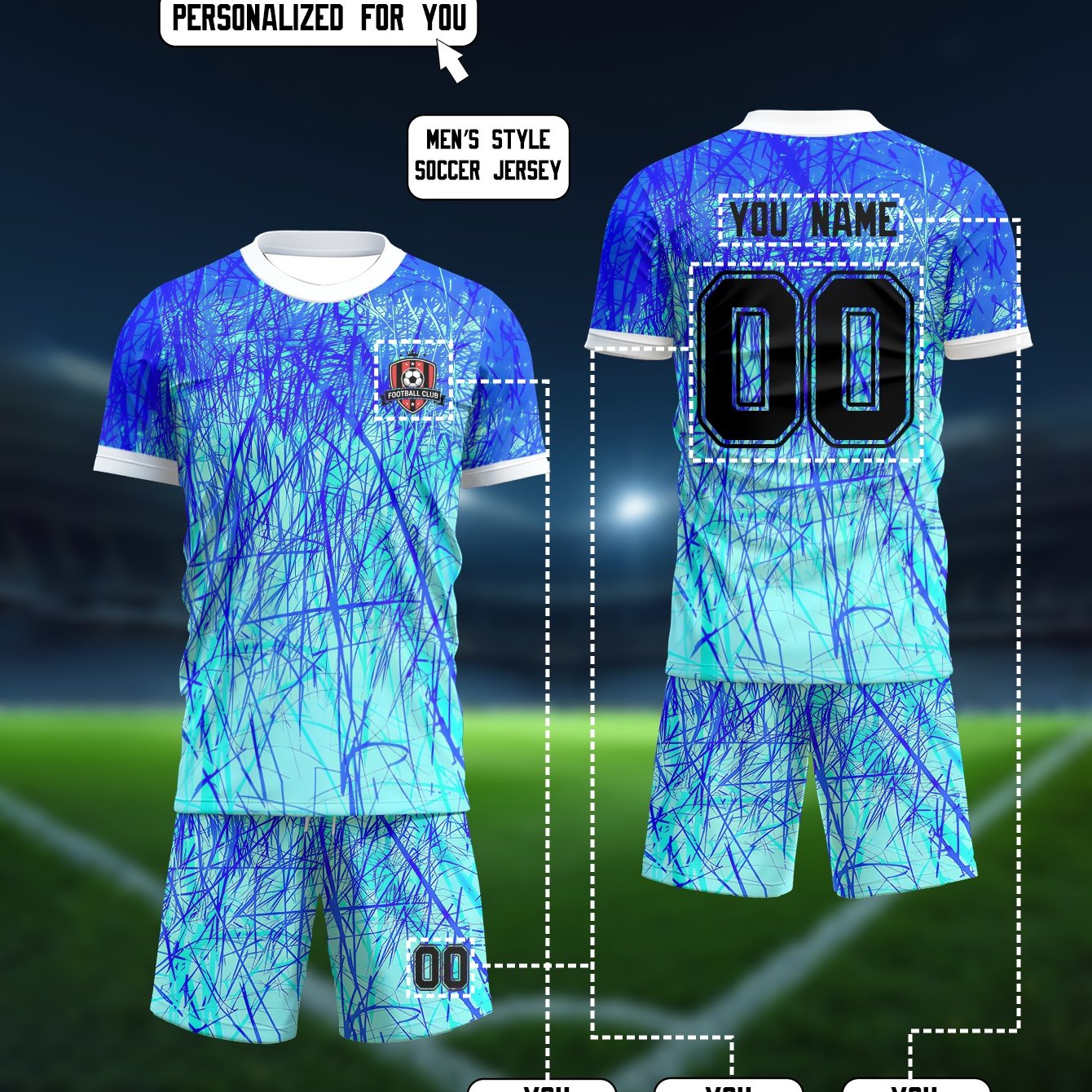 TEMU Customizable Soccer Jersey Set With T-shirt And Shorts, Basketball Training Uniform, Custom Team Kit Featuring A Blue And Teal Gradient Design,