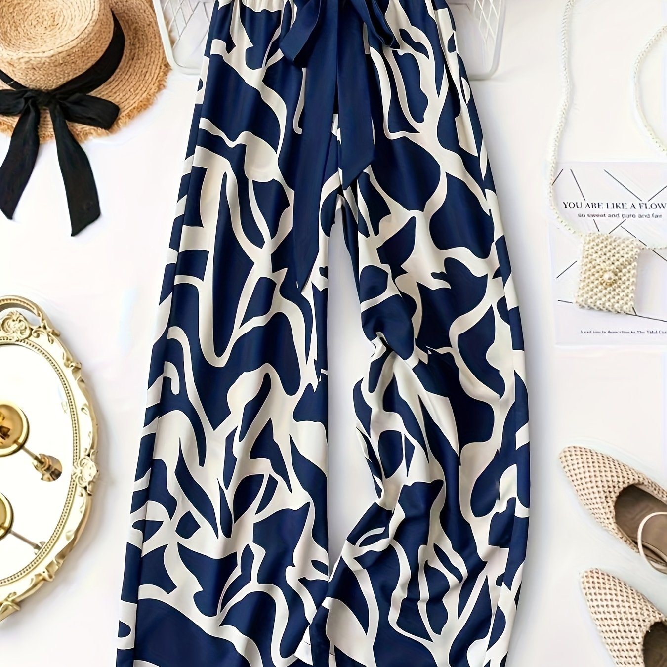 Image of European And American Cross-border Women's Fashion Features Elegant Color-blocking With A Bow Tie, Perfect For Spring And Summer, Comfortable And Versatile Floral Wide-leg Pants