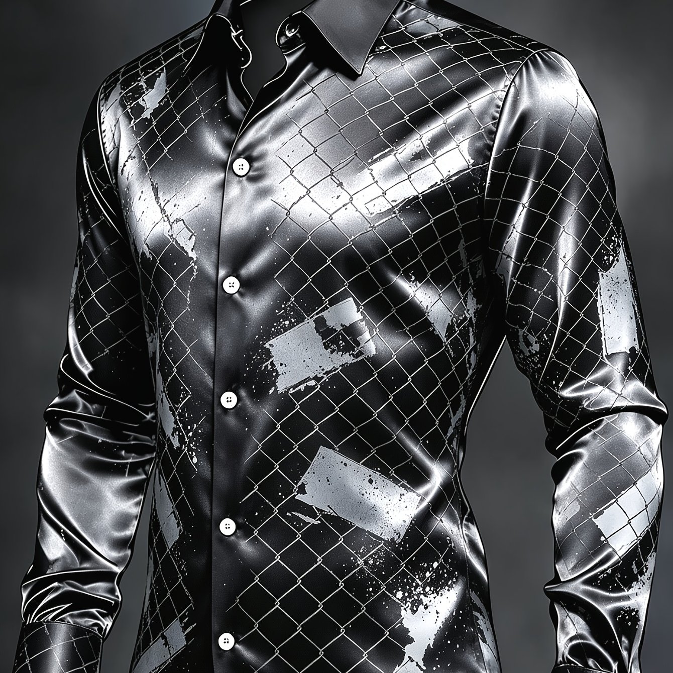 Image of Men's Black Shiny Metal Mesh Distressed Print Long Sleeve Shirt Dark
