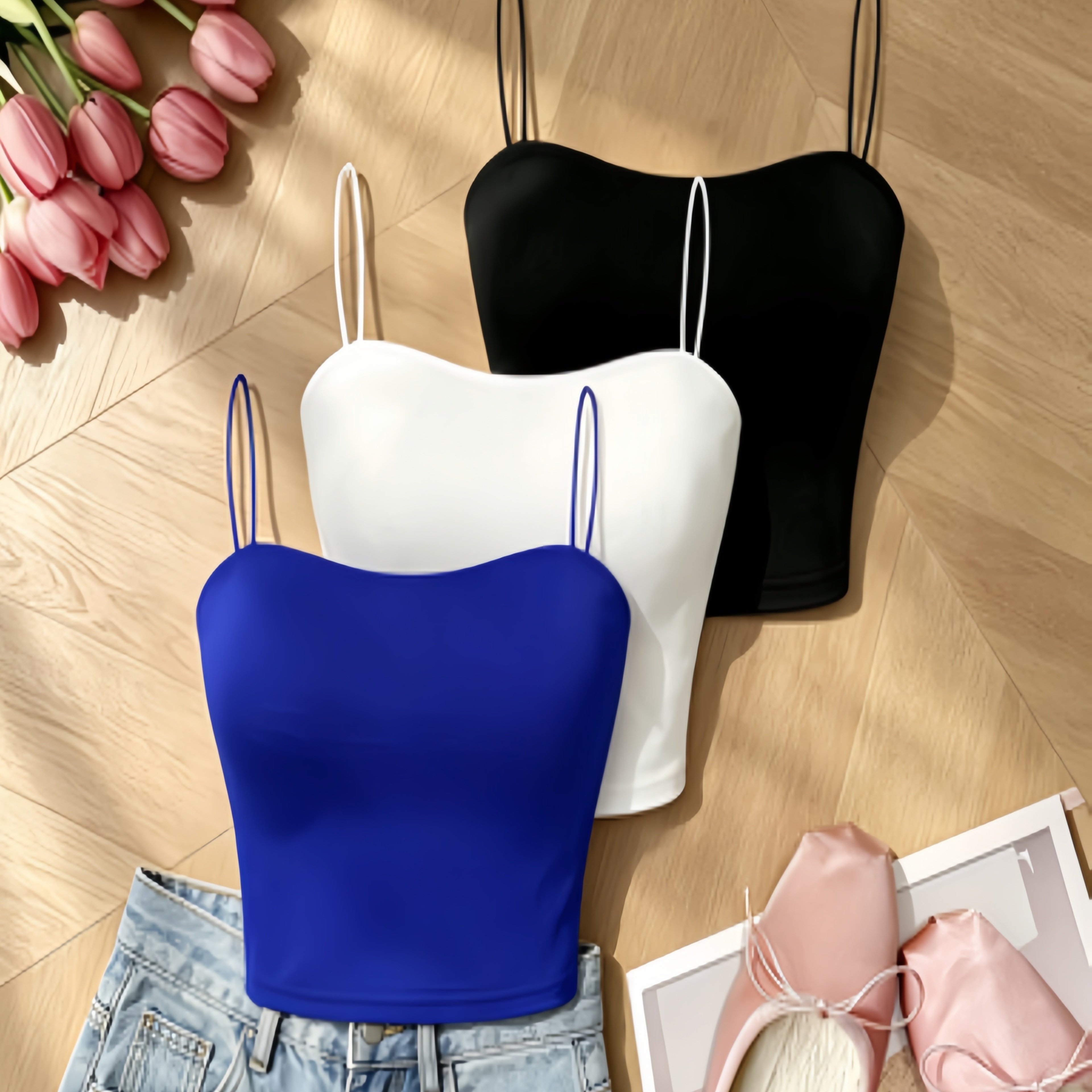 TEMU Basic New Style Women's High-stretch Slim-fit Crop Camisole With Spaghetti Straps, 3pcs Set For Layering Or Wearing Alone