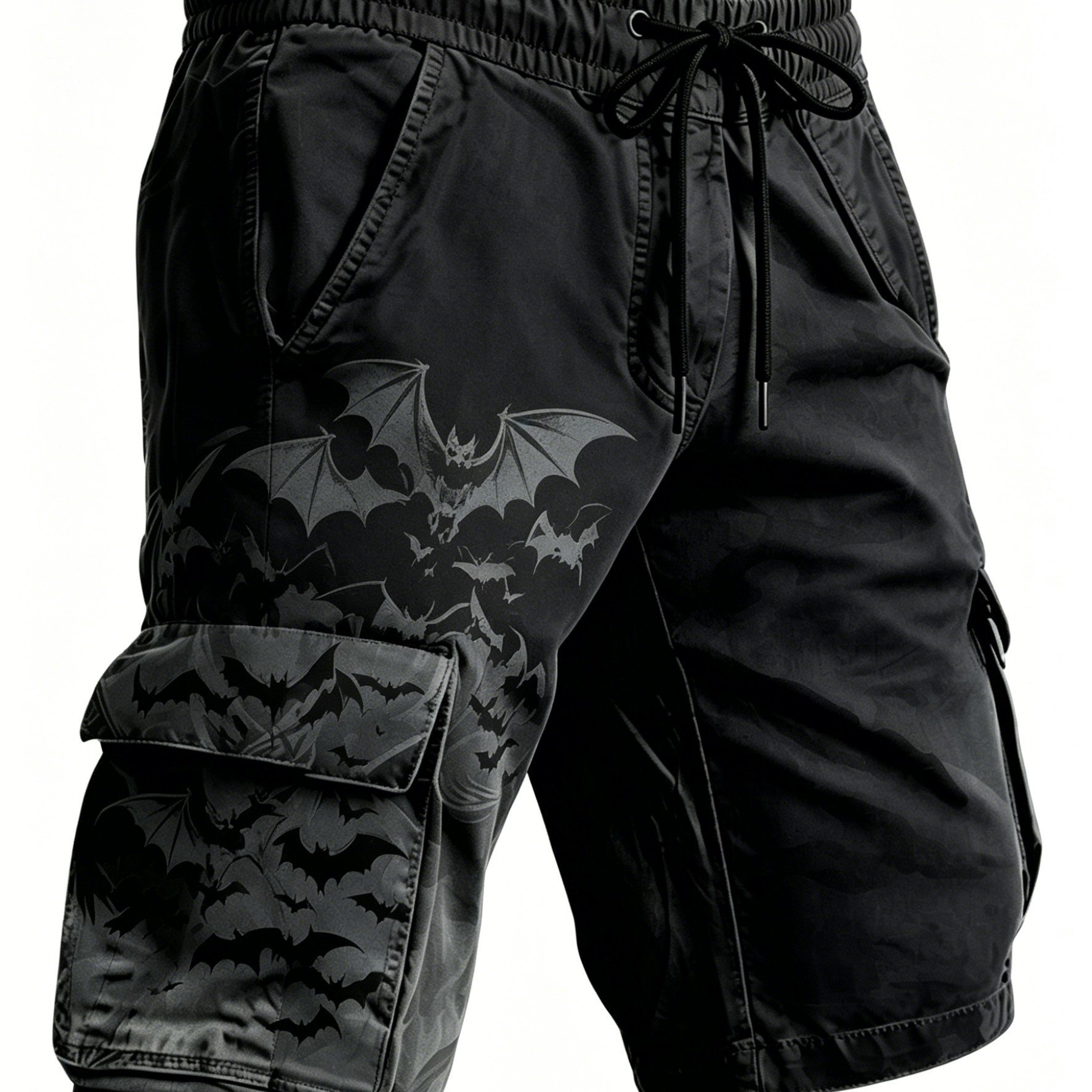 Image of Men's Summer Retro Dark Bat Cargo Shorts, Loose Fit With Drawstring Waist And Multiple Pockets, Casual Pants Suitable For Daily Outdoor And Home Activities
