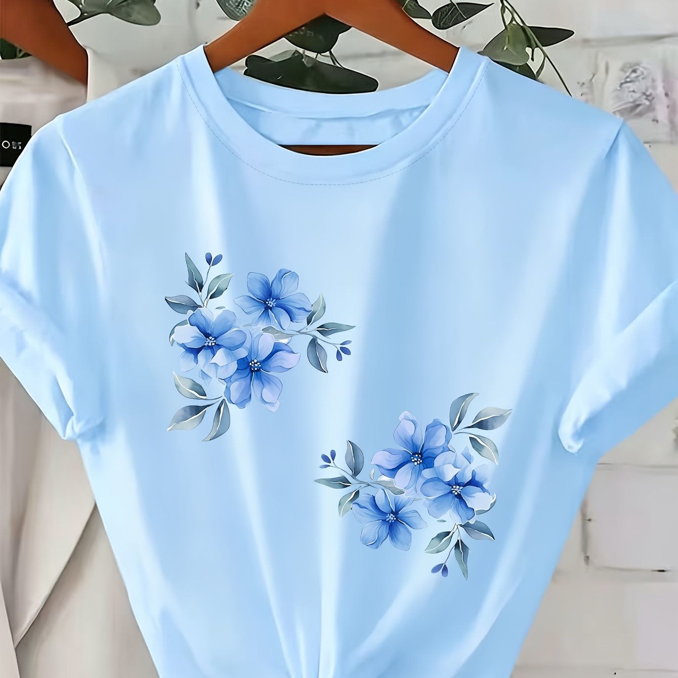 TEMU Fresh And Elegant Watercolor Texture Floral Pattern Printed Short Sleeve, Regular Fit Round Neck T-shirt, Fashionable And Elegant Spring/summer