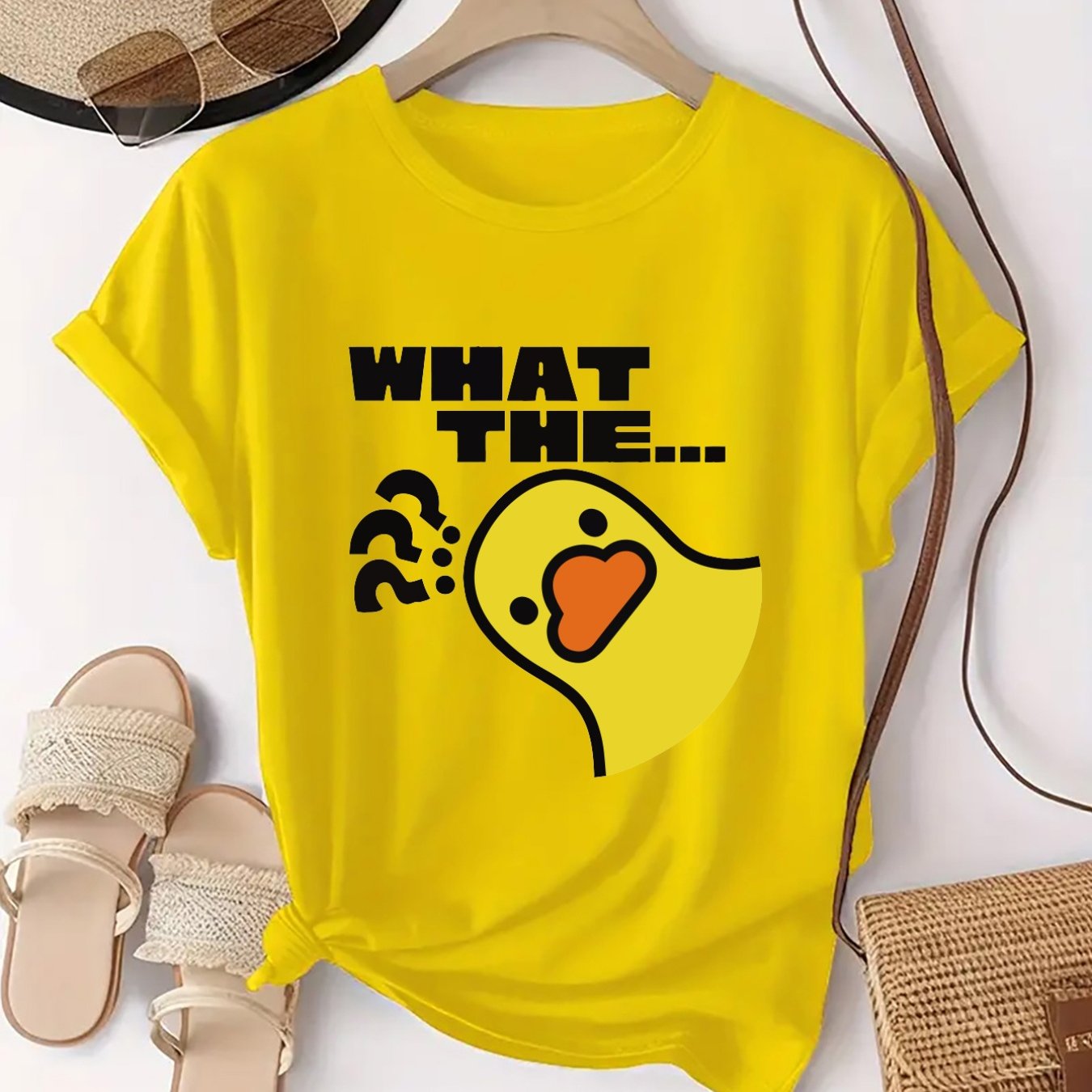 TEMU Cute Little Yellow Duck Pattern, Adorable And . Individual Pattern Neck Short Sleeve Fashion Athletic -shirt Women's Comfortable Top