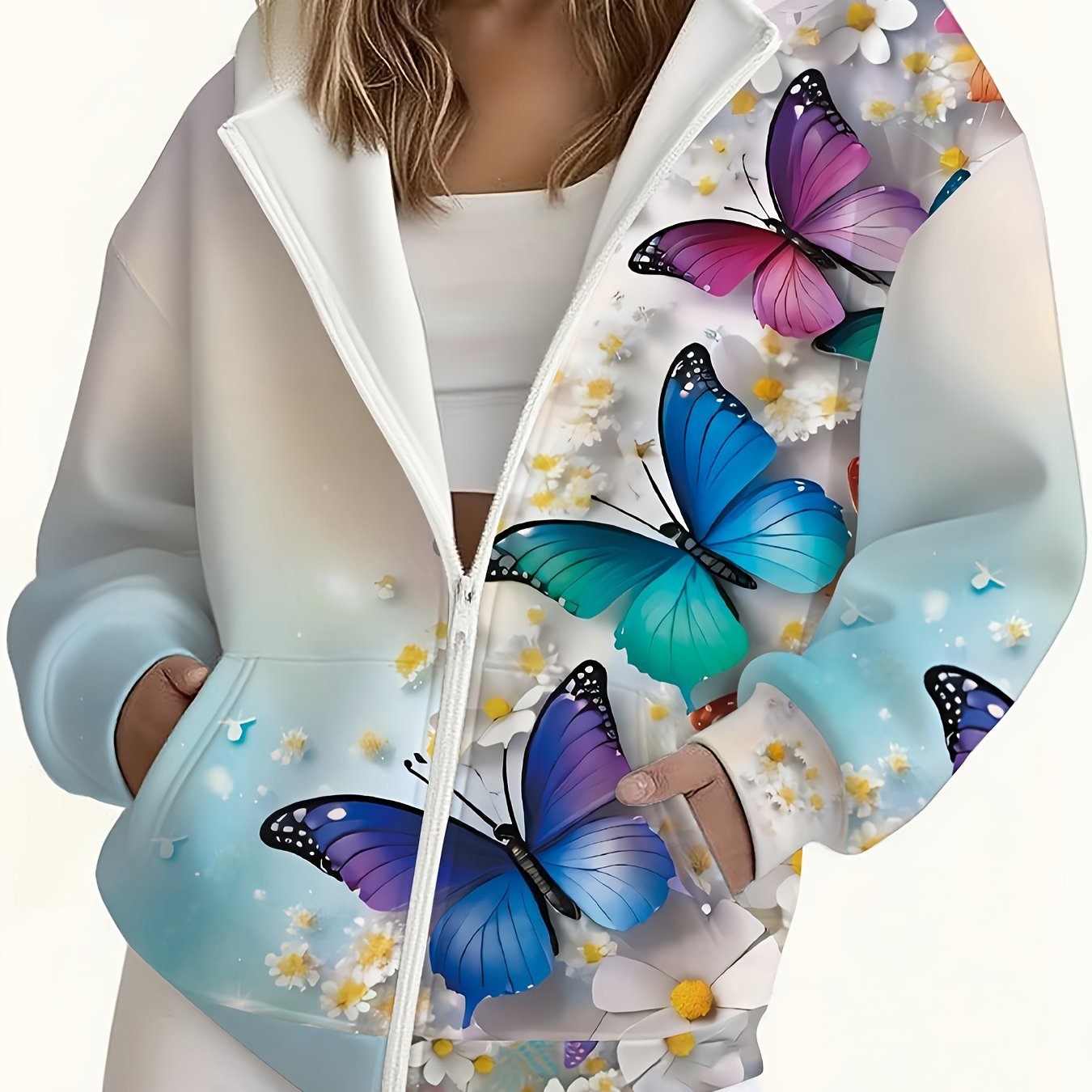TEMU Bk0820082 - Women's Spring/autumn Print Hooded Zip-up Jacket With Pockets