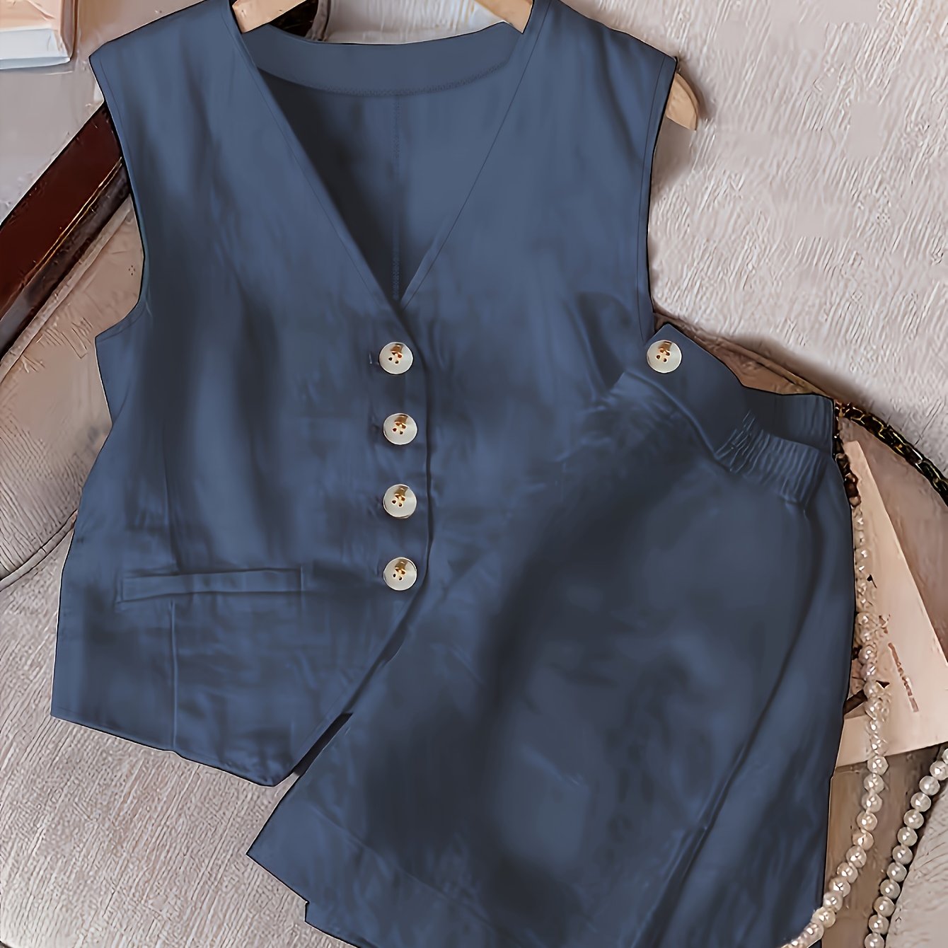 TEMU 2pcs Set Of Women' Color Front-button Sleeveless Top And Shorts