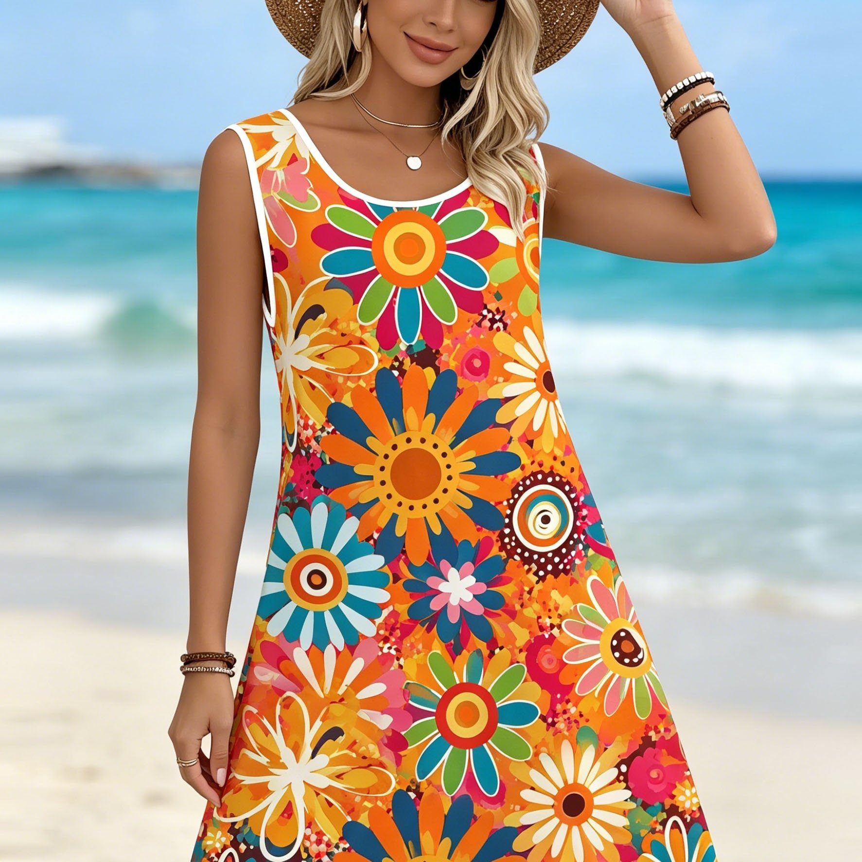 TEMU Beach Colorful Print Sleeveless Dress Women, Summer Loose A-line Skirt, Bohemian Casual Vest Skirt, Plus Size Women's Versatile Dress