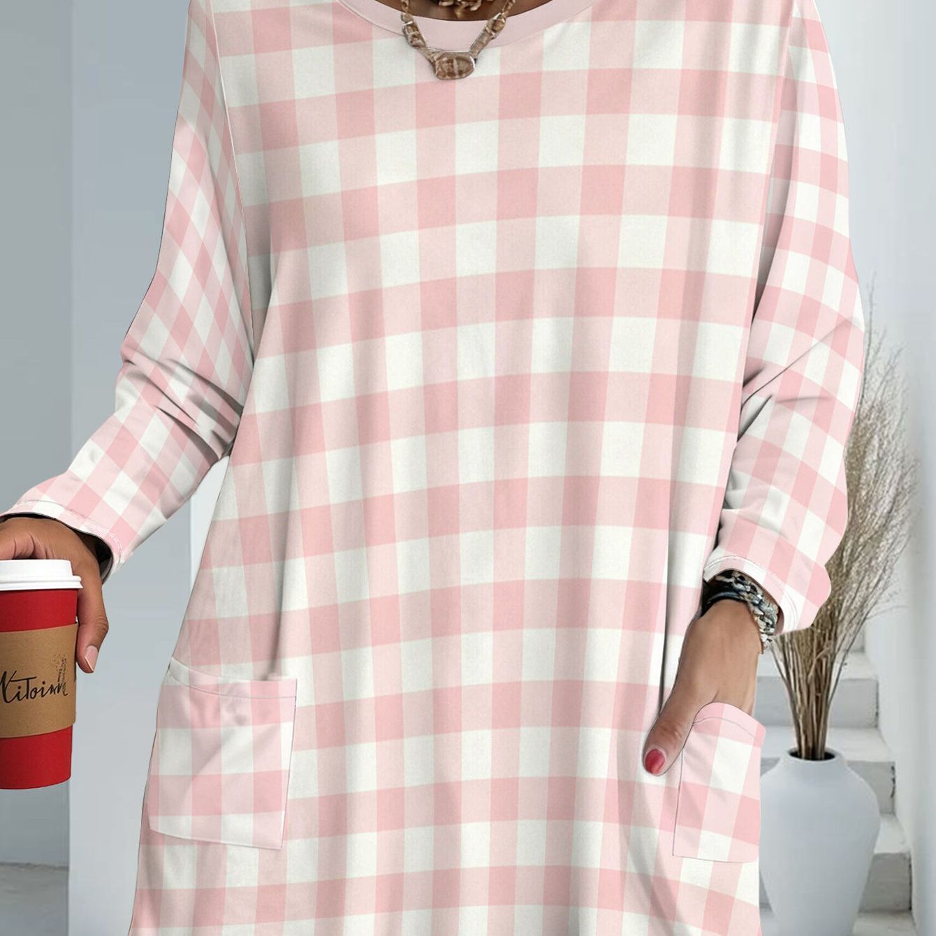 TEMU Women's Plus Size Pink Long Sleeve Loose Top With Pockets, Women's Versatile Casual T-shirt, Spring/autumn Comfortable Plus Size Base Layer