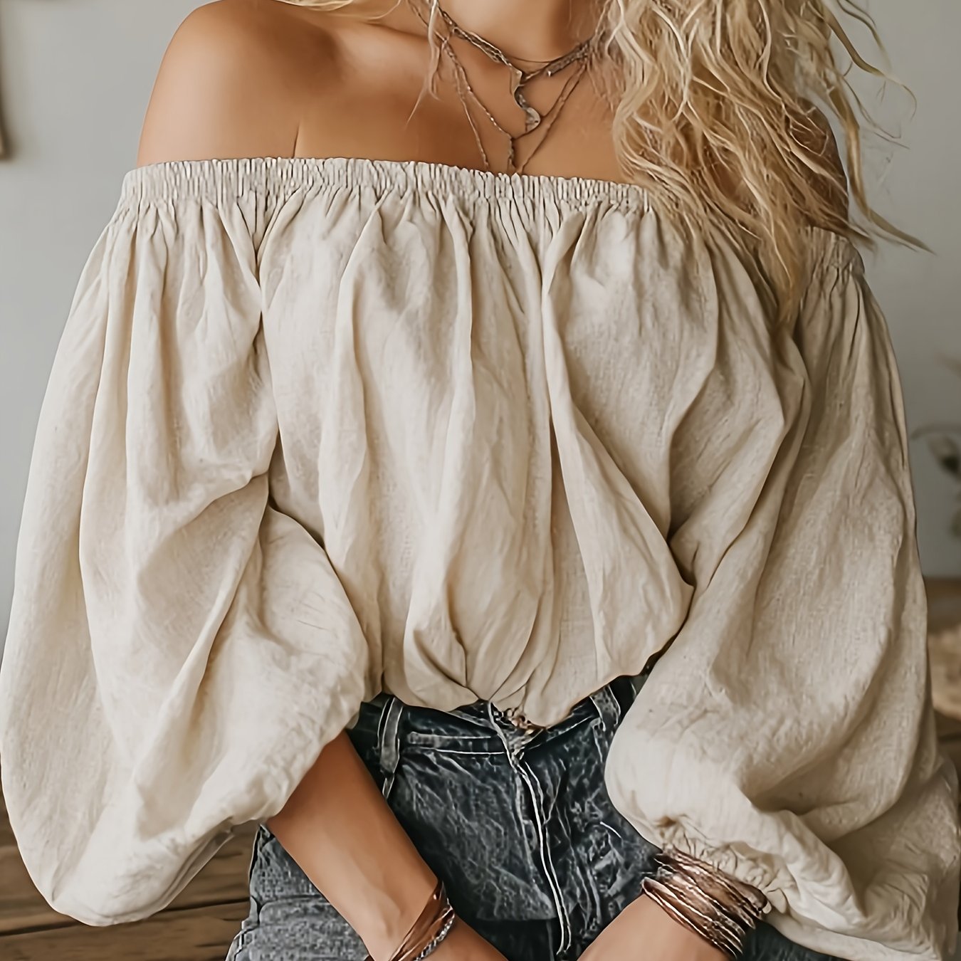 TEMU Off-the-shoulder Top Women's Spring New -shoulder Solid Color Easy Lantern Sleeve Loose Long-sleeved Shirt   Wilderness