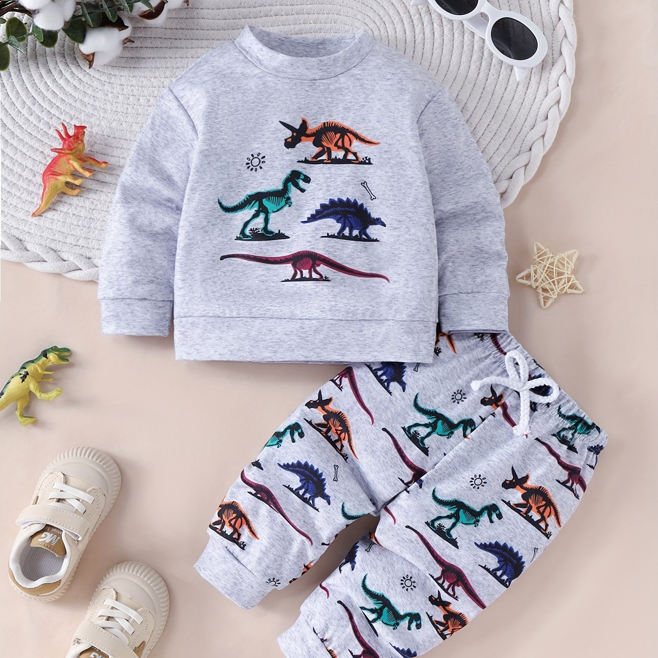 P100735 Boys' Dinosaur Print Long-sleeve Sweatshirt + Pants Set, Perfect For Outdoor