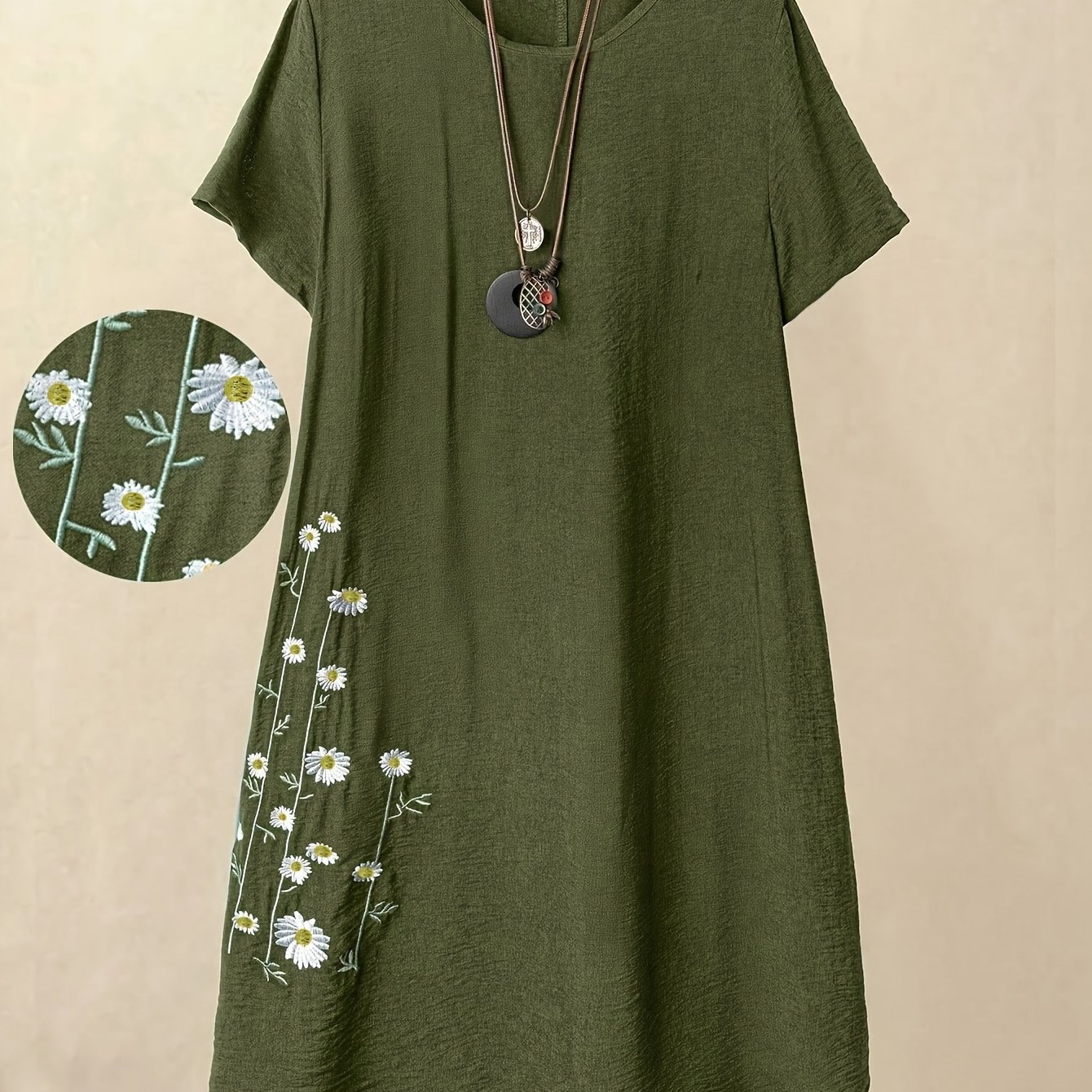 Spring Summer Embroidered Loose Fit Round Neck Beautiful Dress Women's