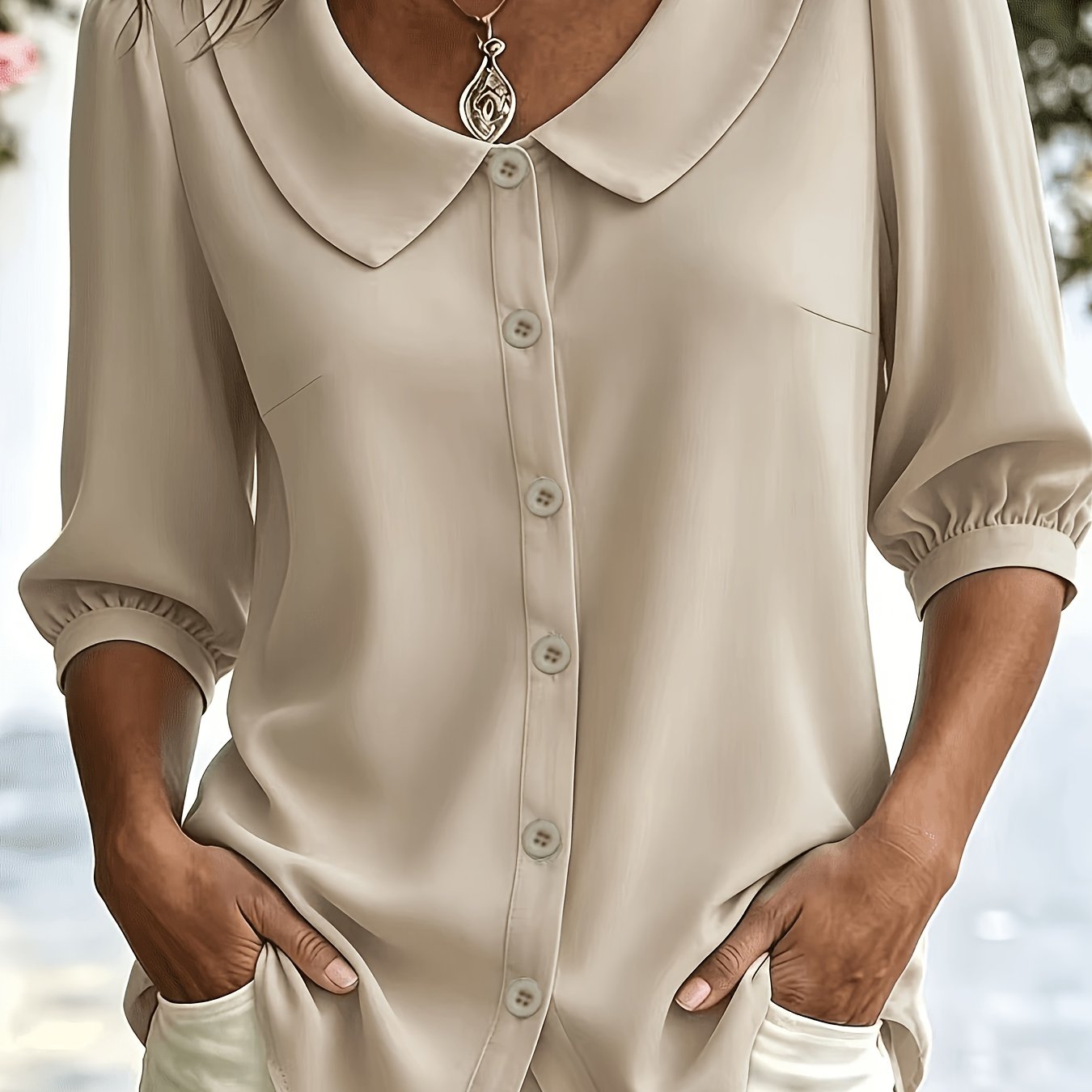 TEMU Plus Size Women's Clothing, Easy Solid Color Oversized Lapel Short Sleeve Single Button Shirt, Loose Casual Everyday Versatile Age-reducing Top
