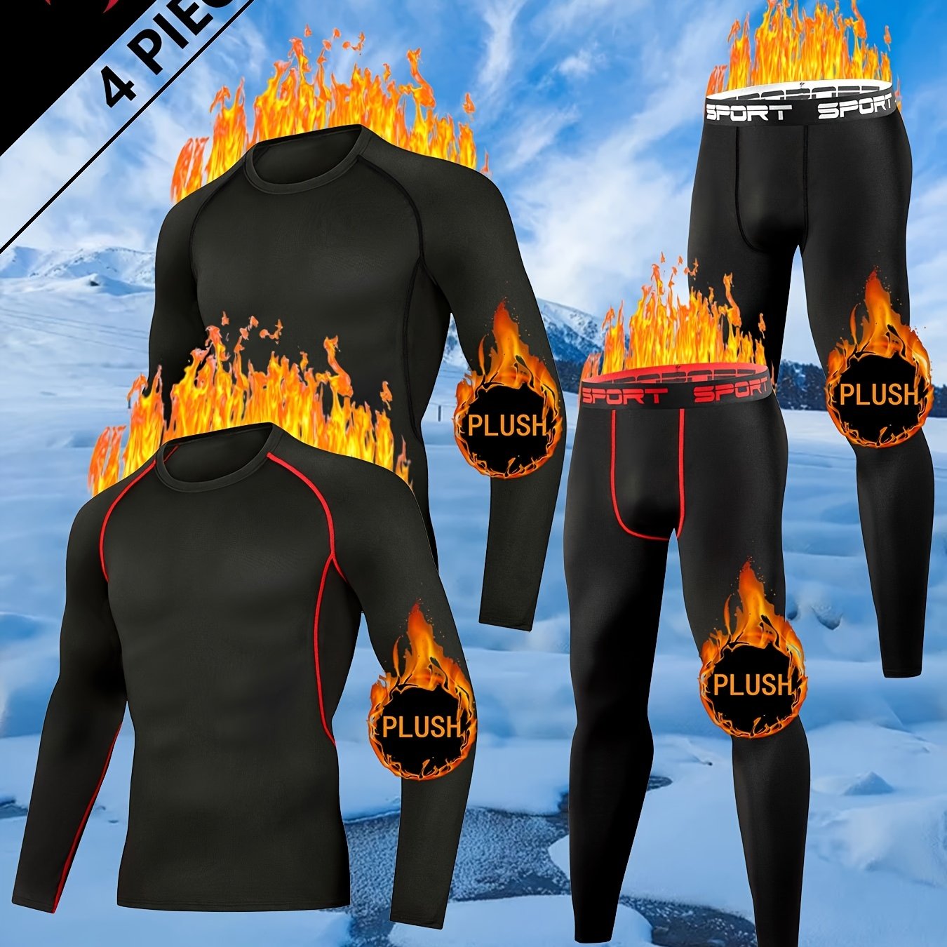 4pcs Of Fleece-lined Men's Thermal Underwear Set For Running, Sports Base Layer, Quick-dry Compression Outfit, Thickened For Outdoor Activities Like Skiing, Tight-fitting Pants