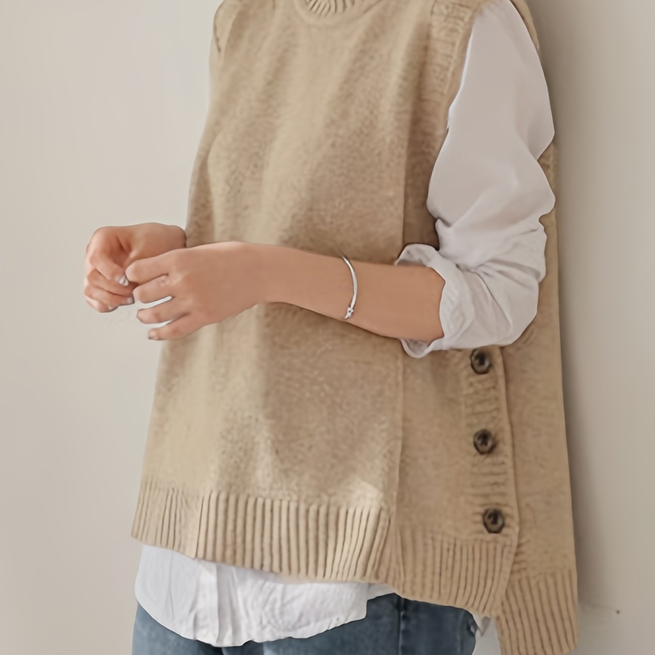 TEMU Side Button Crew Neck Sweater Vest, Casual Solid Color Sleeveless Knit Vest For Spring & Fall, Women's Clothing