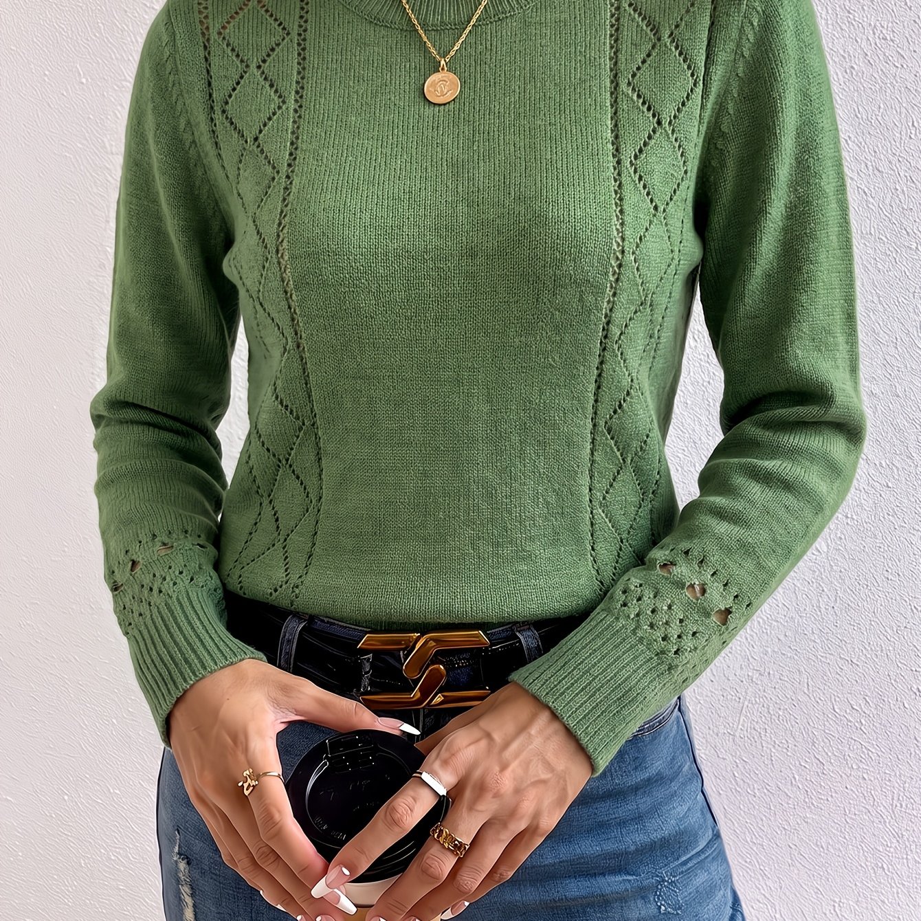 TEMU Women's Vertical Stripe Diamond-pattern Openwork Eyelet Pullover Sweater, Autumn Round Neck Long Sleeve Slim-fit Breathable Top, Simple Daily
