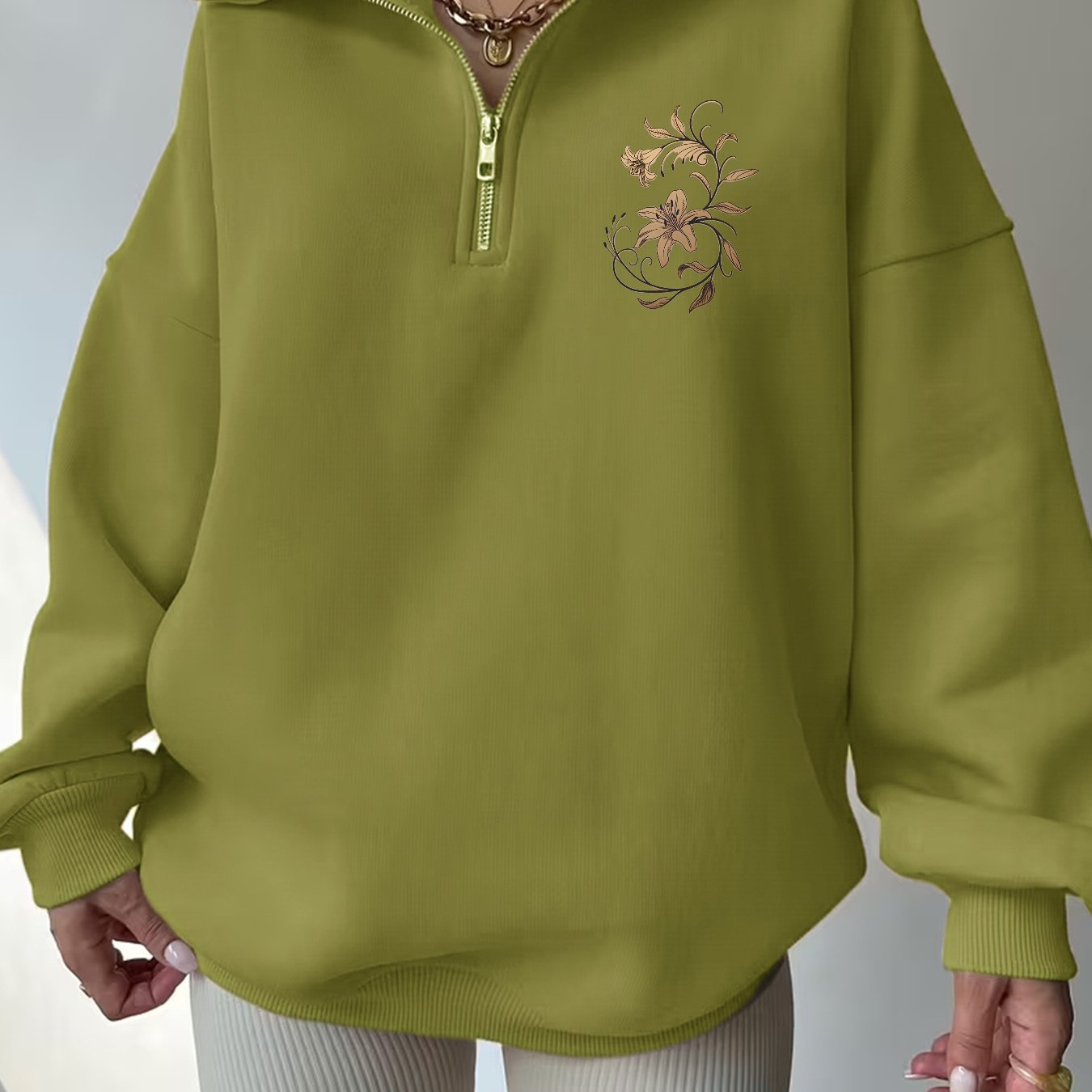 Image of Women's Half-zip Pullover Sweatshirt With Floral Embroidery, Loose Fit, Warm And Comfortable For Fall/winter Daily Wear, Casual Elegant Style, From Europe