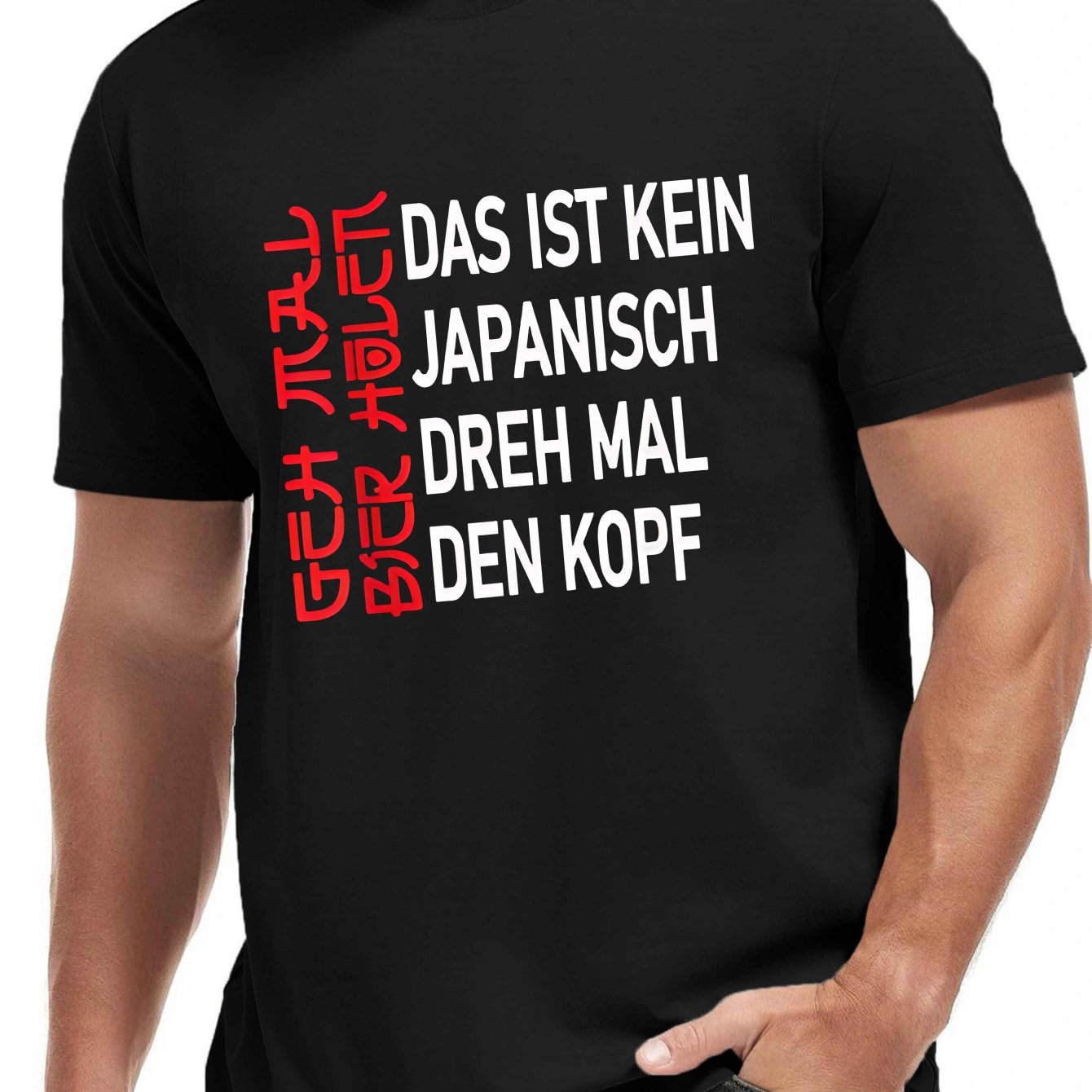 E-shop Herren-T-Shirt mit deutschem Slogan, 100% Polyester-Strickstoff, Rundhalsausschnitt, Regular-Fit, geometrisches Muster, lässiges