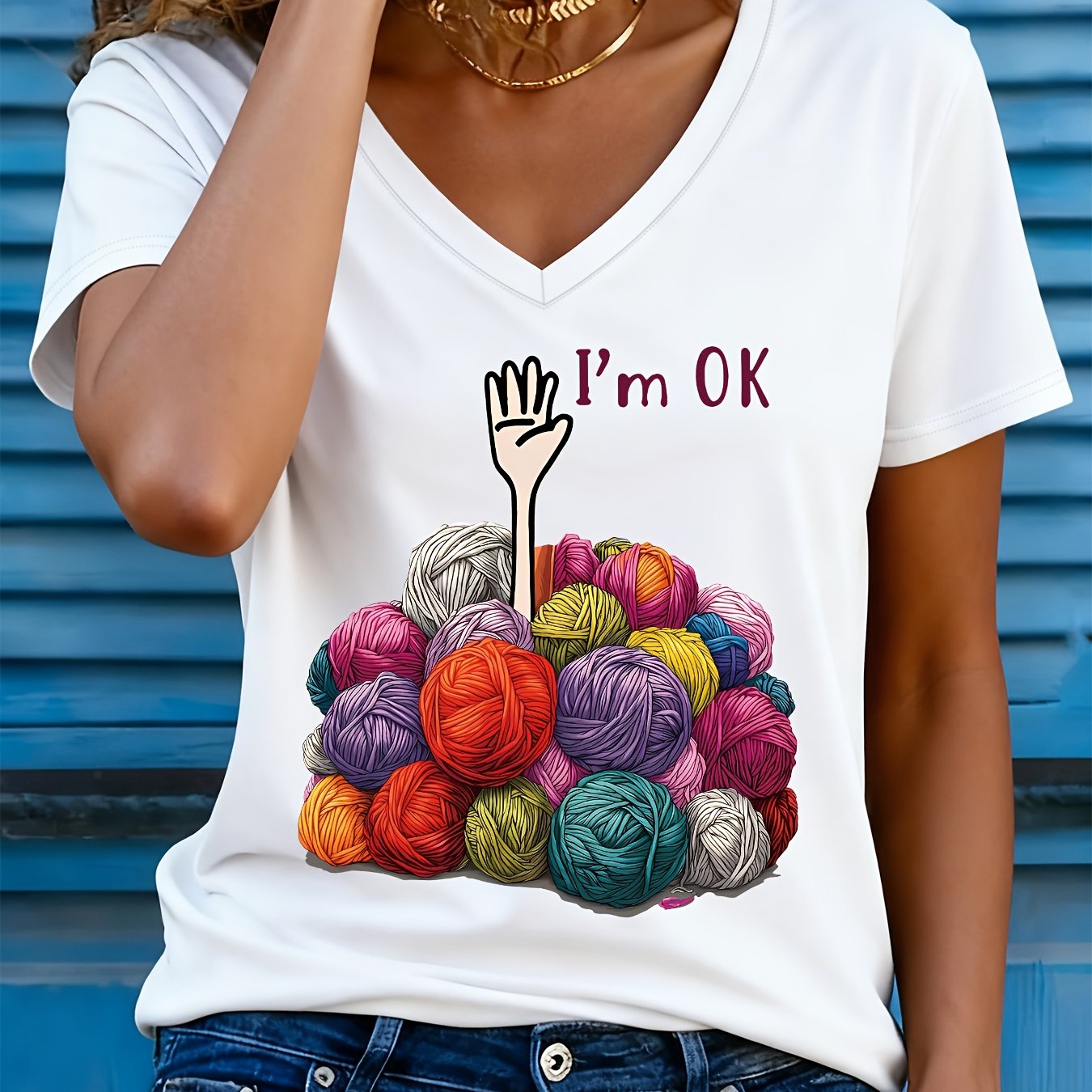 TEMU T-shirt casual da donna a maniche corte con scollo divertente design a palline di filato colorate, un top stampato ed elegante