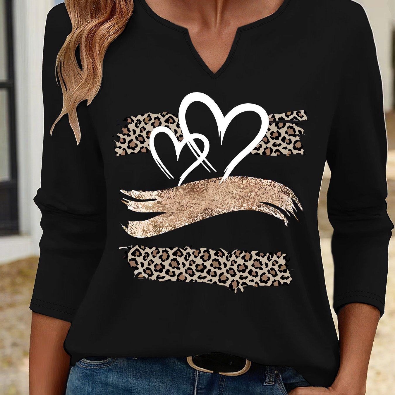 TEMU Women's Fashion Long-sleeve T-shirt With A Printed Design And V-neck, Suitable For Casual Wear And Autumn