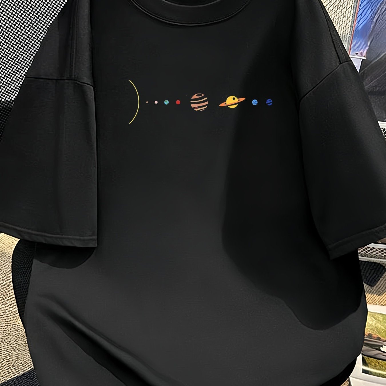 Summer New Arrival Short-sleeve T-shirt Unisex Black With Space Planet Graphic, Comfortably Loose Fit And Crew Neck, For Everyday Beach Or Holiday Wear Suitable For Spring And Autumn