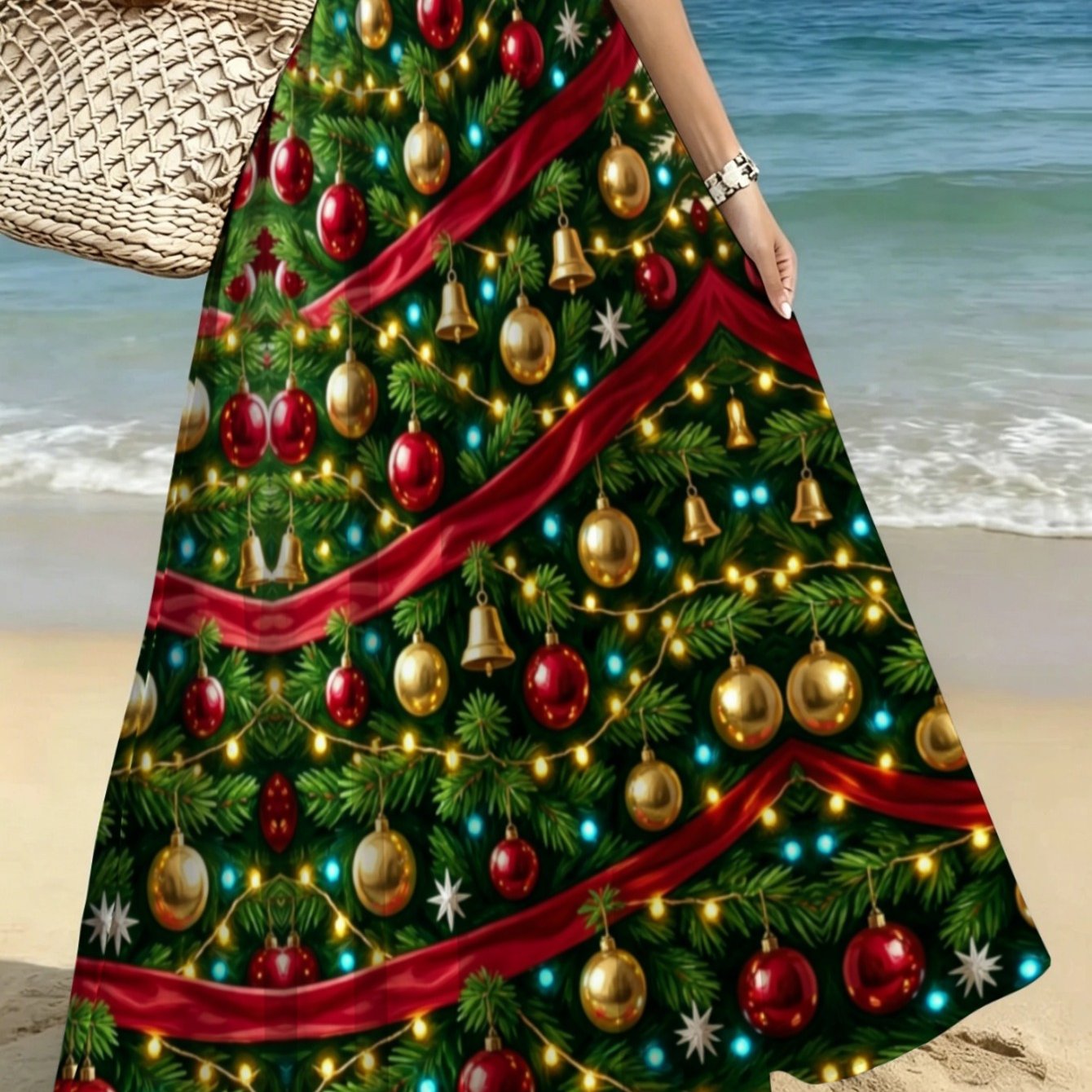 TEMU Lianyaoshi [printed Design Not Textured] Women's Christmas Tree Print Maxi Skirt, Golden Holiday Design, Lightweight Flowy Fit For Beach