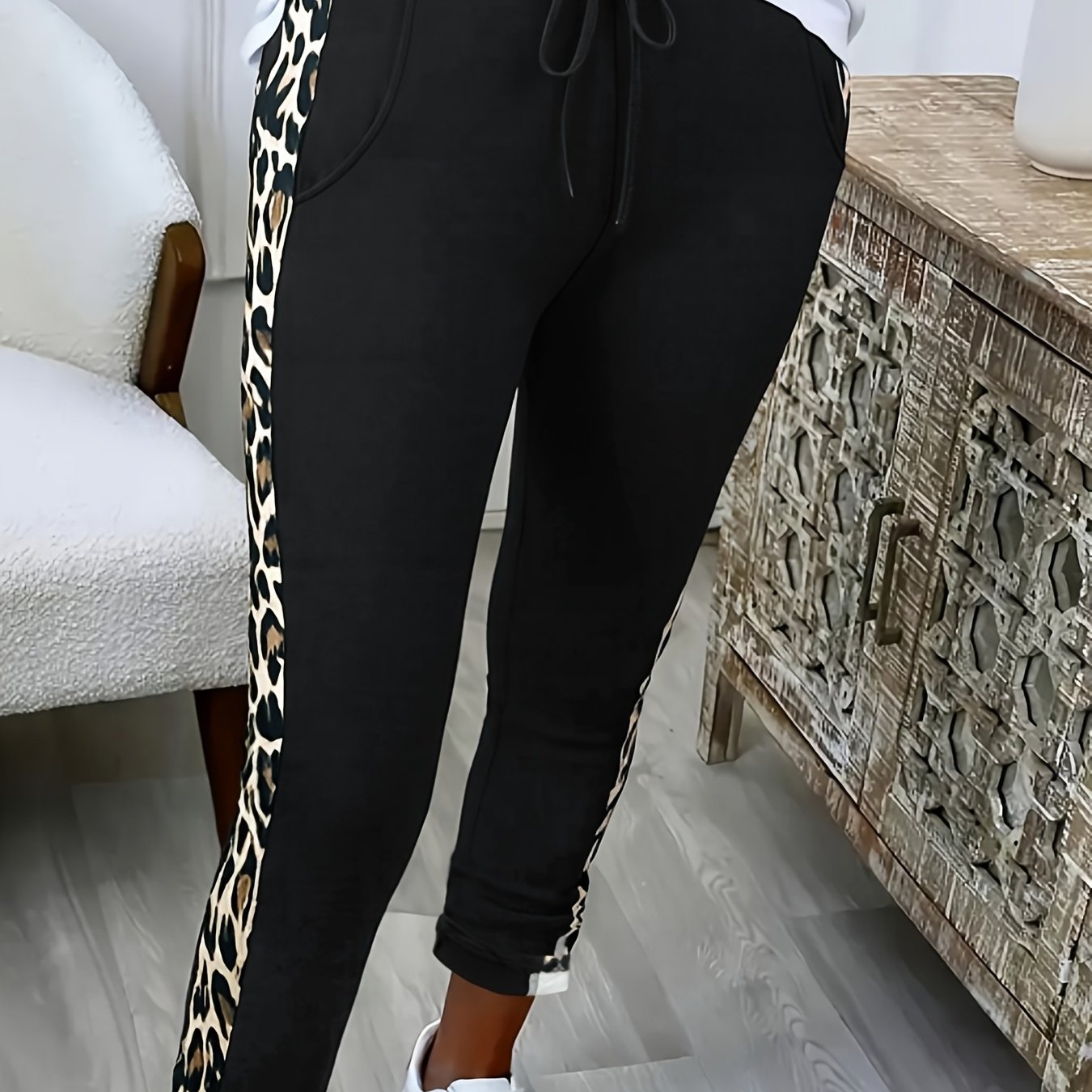 Image of Plus Size, Plus Size Women's Spring Summer Side Stripe Jogger Pants - Drawstring Waist Leg Pocketed Casual Trousers For Daily & Lounge Wear