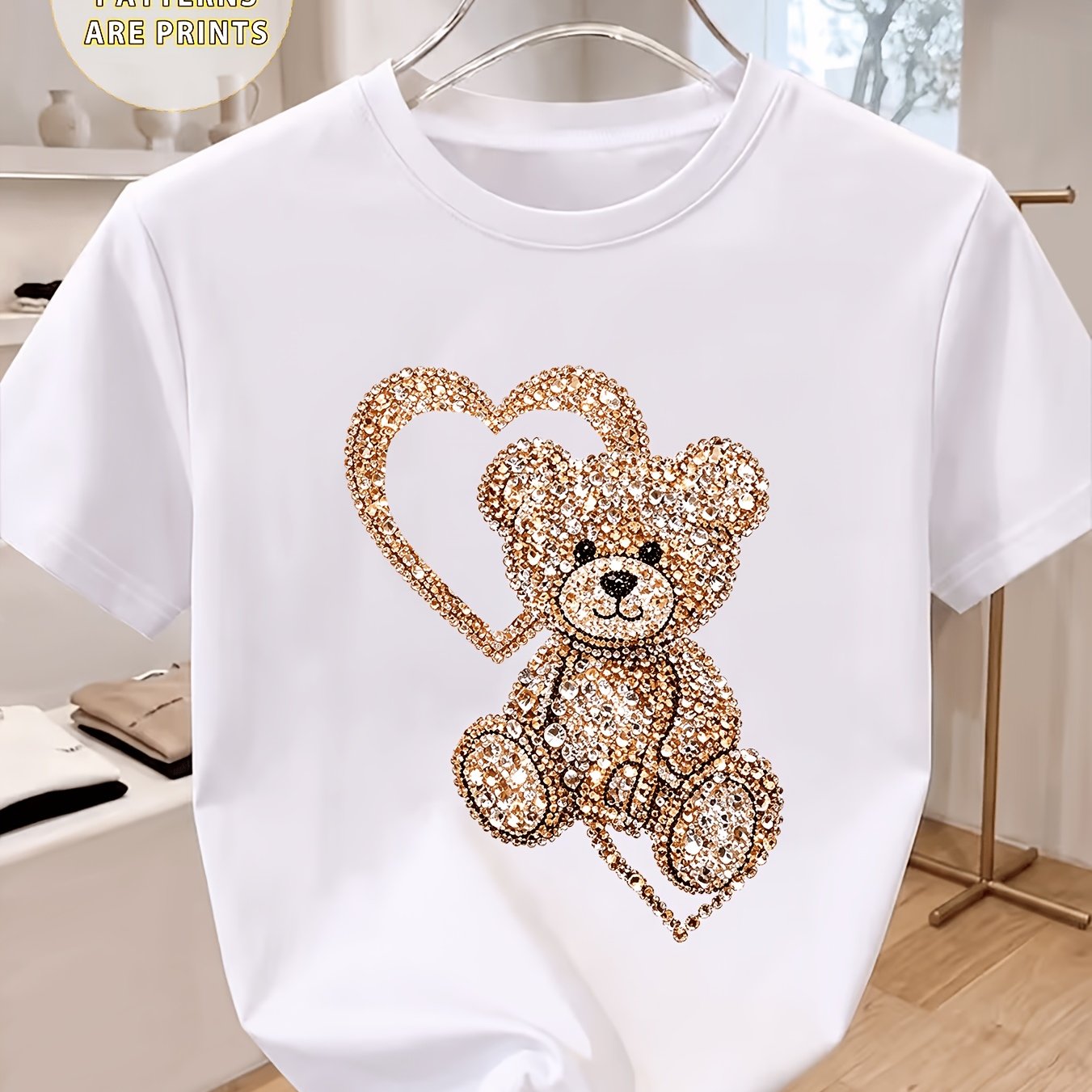 TEMU Women Round Neck Short Sleeve Tee, Rhinestone Effect Bear With Heart Graphic Print Top, Versatile Outfit For Dating Shopping Daily Street