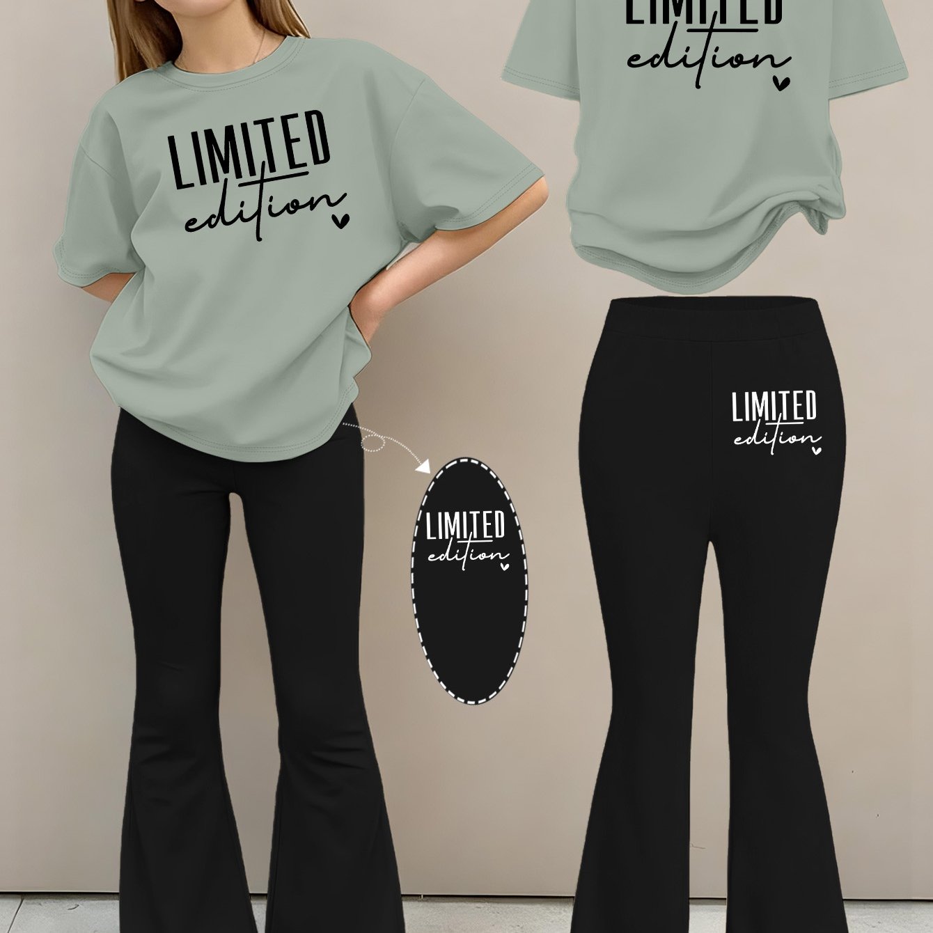 Image of 2-piece Set: Girls' Summer Fashion Printed Short-sleeve Crew Neck T-shirt + Stretch Flared Pants Set, Girls' Long Pants Set For Outdoor, Perfect For Outdoor