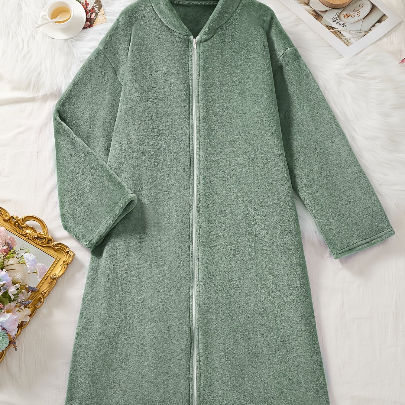 Women's Plus Size Thick Plush Kimono Robe - Winter Warm Zippered Long Housecoat, Cozy Bath Jacket For Lounge, Machine Washable Solid Color Outerwear