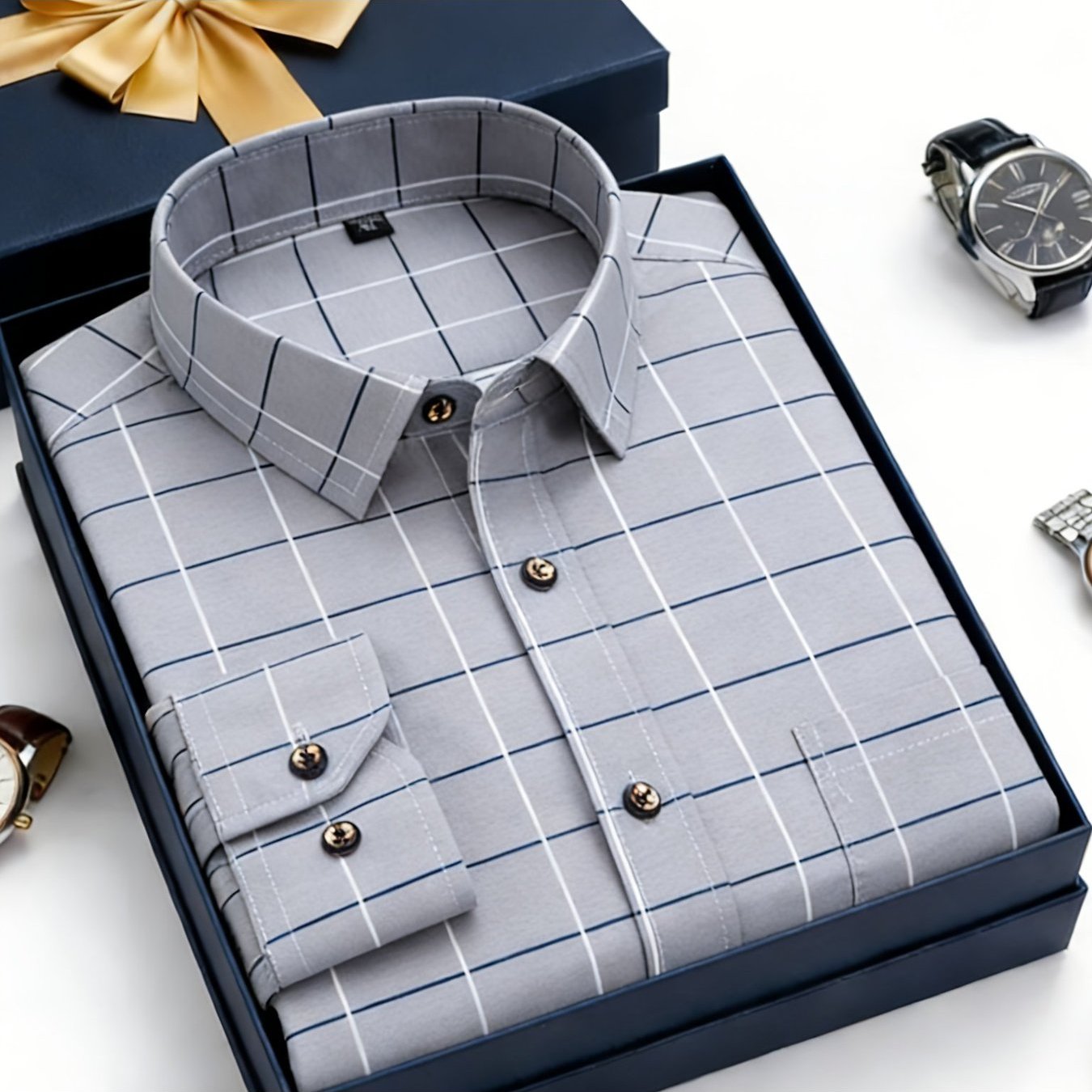 TEMU Men's Spring/autumn New Long-sleeve Shirt, Plaid Thin Slim-fit Business Casual Printed Shirt With Pockets, No Ironing Required, Smart Casual