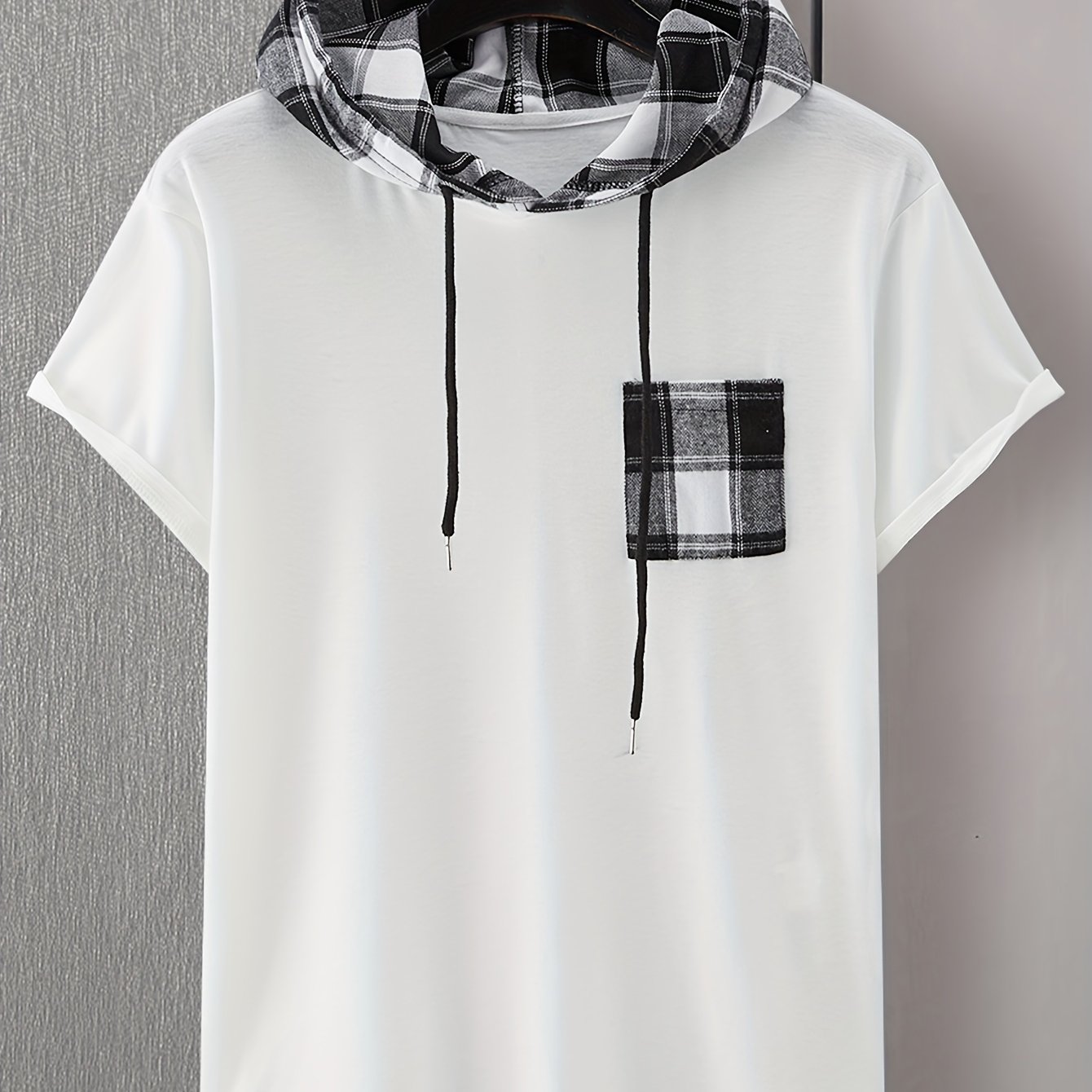 Plaid Drawstring Short Sleeve Hoodie, Men's Casual Stretch Hooded T-shirt  For Spring Summer
