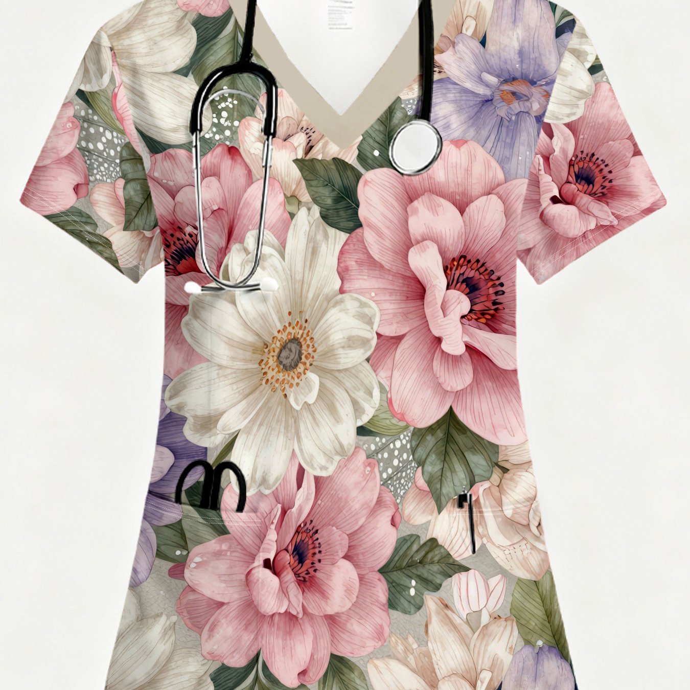 TEMU A Ladies' Nurse Uniform With Floral Print On 2 Pockets V-neck Flowers Green Leaves Suitable For Various Work Nurse Work Top Women's Nursing