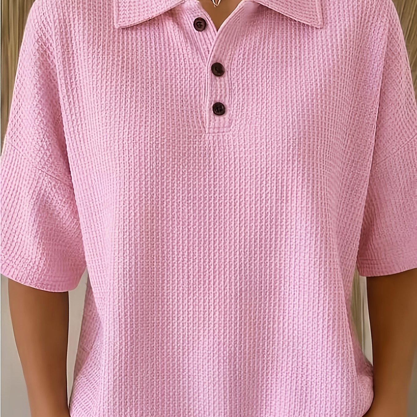 TEMU Western Style Pink Waffle Short Sleeve Shirt, Women's Summer New Lapel 3-button Top, Easy Versatile Loose Drop Shoulder T-shirt, Comfortable