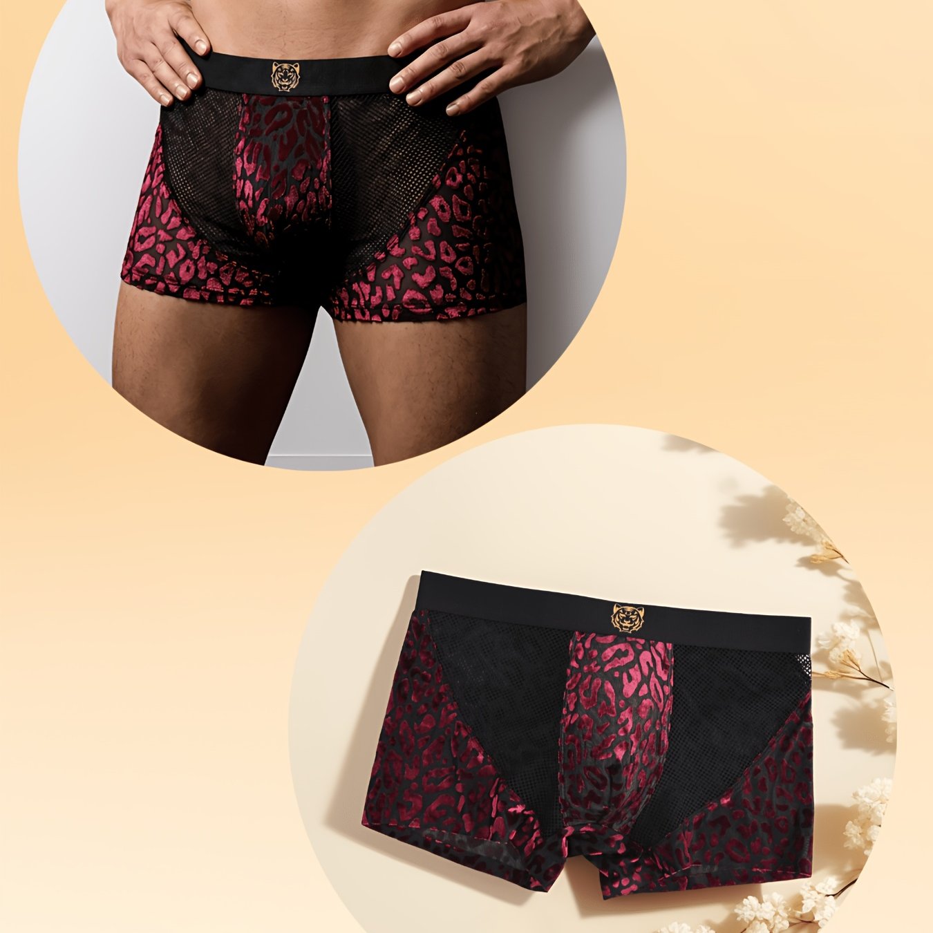 TEMU Men's Mesh Fleece Leopard Print Briefs, Summer Breathable Thin Elastic Wide Waistband Square Short Shorts