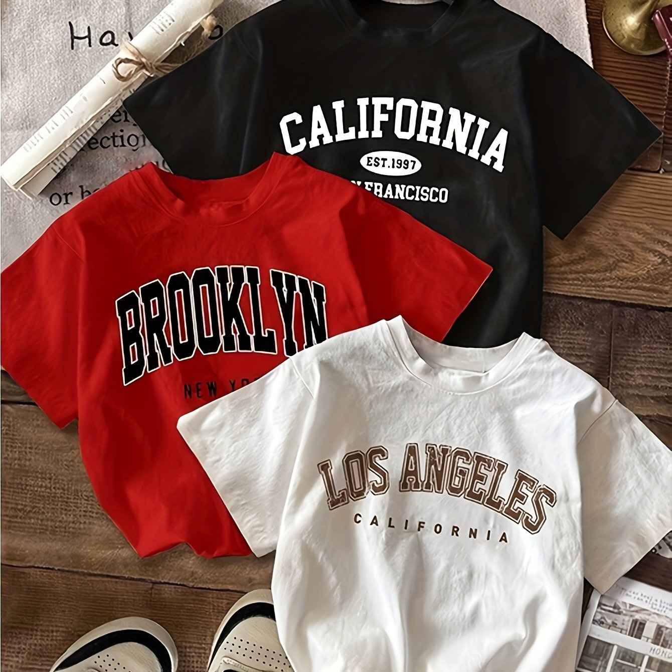 TEMU 3-delige set Casual Minimalistische Vintage Amerikaanse Engelse Grafiek Ronde Hals Korte Mouw Fitted Crop Top T-Shirts voor Vrouwen, Geschikt