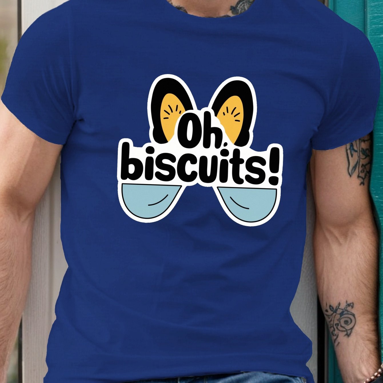 TEMU Oh Biscuits" Graphic Tee For Men - Casual Short Sleeve, Breathable Polyester, Summer Fashion T-shirt