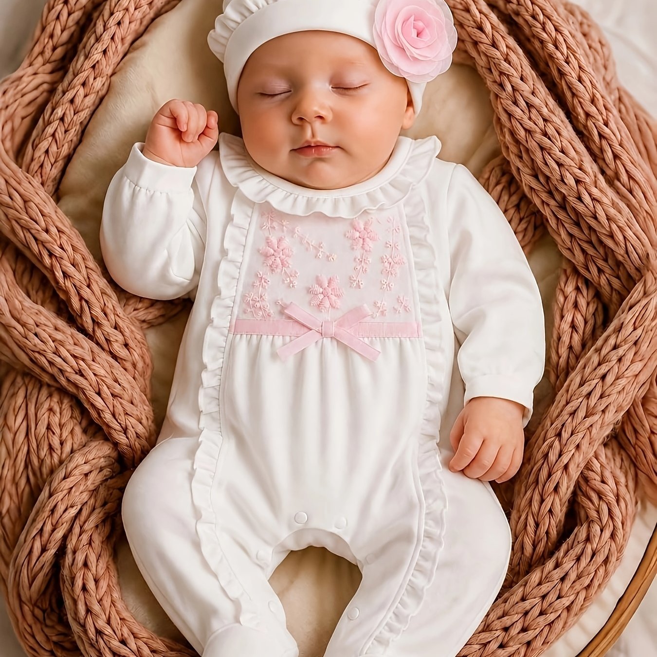 Image of 2-piece Baby Girl Romper Set – Long Sleeve Jumpsuit With Ruffle Trim And Matching Hat (0-12m)