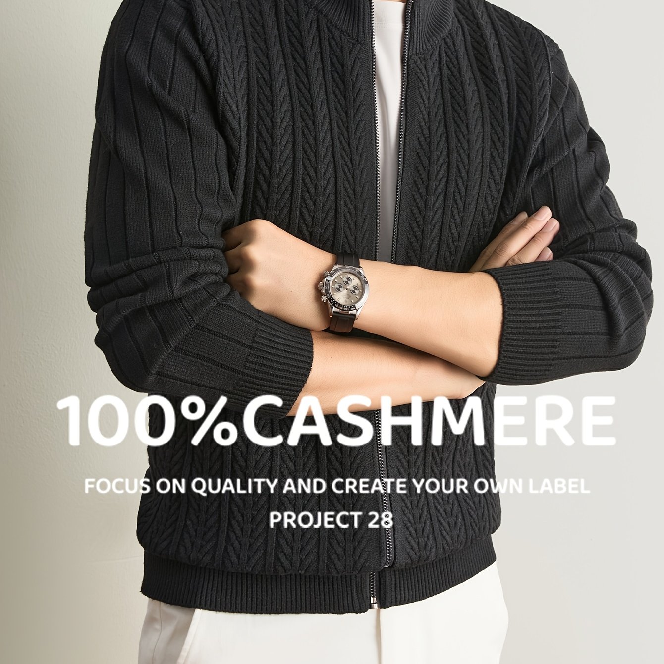 Image of Men' 100% Cashmere Sweater Cardigan - Full-zip Stand Collar Base Layer, Soft Herringbone Cable Knit Base Layer Suitable For Business Casual, , Relaxed Fit For Office & Casual Attire, Autumn Winter