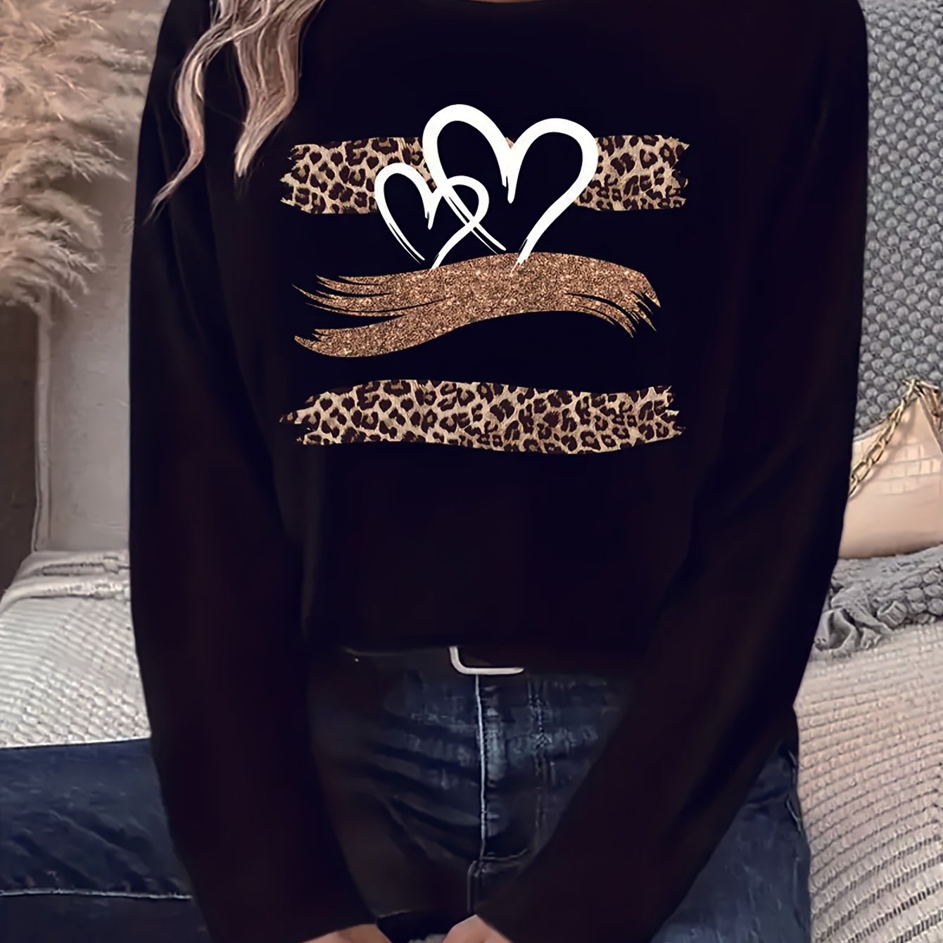 TEMU 3-stripes Leopard Print Heart Comfortable Soft Long Sleeve T-shirts