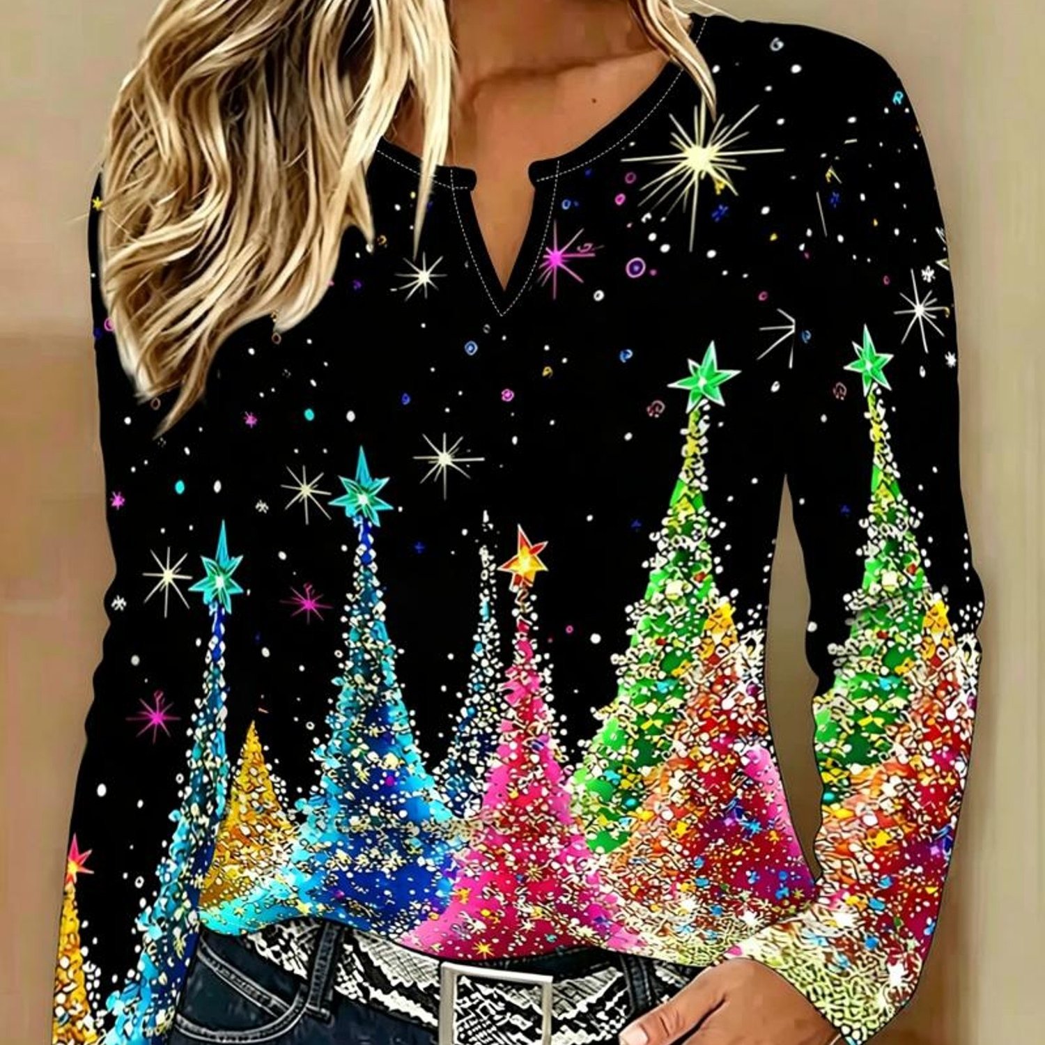 TEMU [printed Design - Not Textured] Women's Christmas Fashion Long Sleeve, Trendy Small V-neck Design; Christmas Tree Pattern Print, Vibrant ,