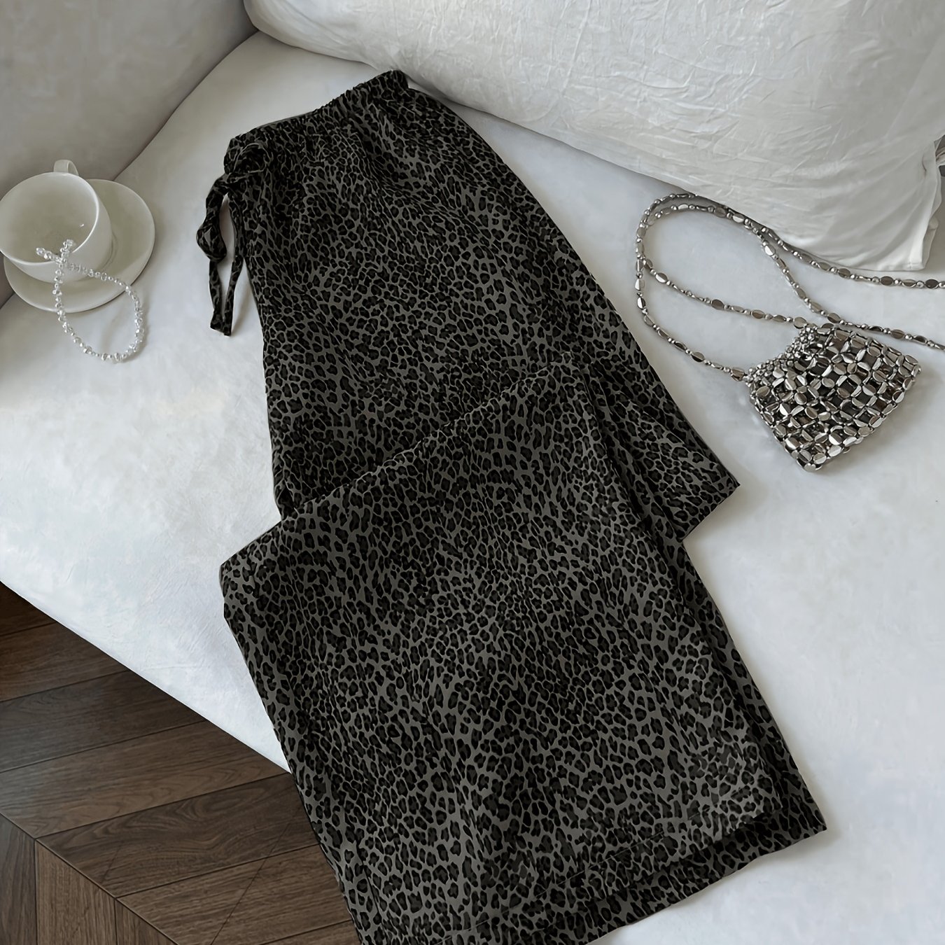 E-shop Retro Fashion Leopardenmuster Hose mit weitem Bein, elastischer Bund, geeignet für Urlaub, Shopping, Dates, Partys, Freizeitkleidung,